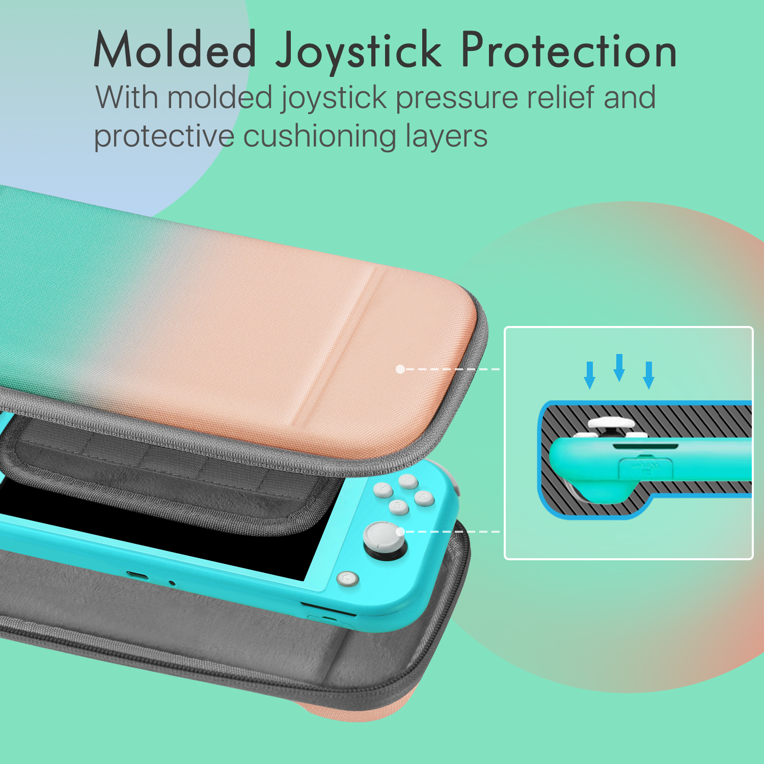 Raised EVA Hard Shell For Joystick Pressure Prevention - Customized compartments with molded joystick pressure relief design that fits the Nintendo Switch Lite Console perfectly. By using the elastic strap to ensure your Switch stays stable and does not bounce around inside the carrying case