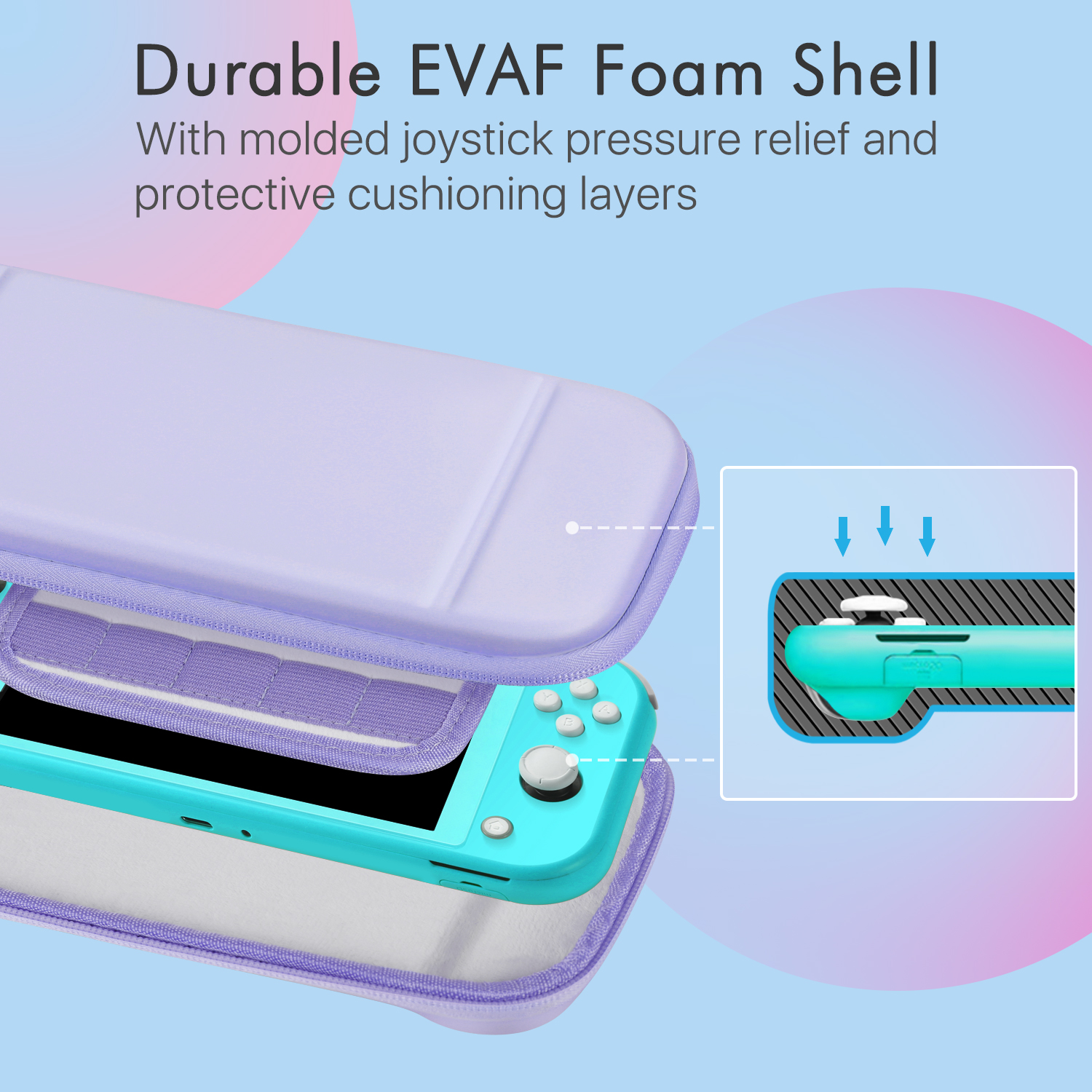 Raised EVA Hard Shell For Joystick Pressure Prevention - Customized compartments with molded joystick pressure relief design that fits the Nintendo Switch Lite Console perfectly. By using the elastic strap to ensure your Switch stays stable and does not bounce around inside the carrying case
