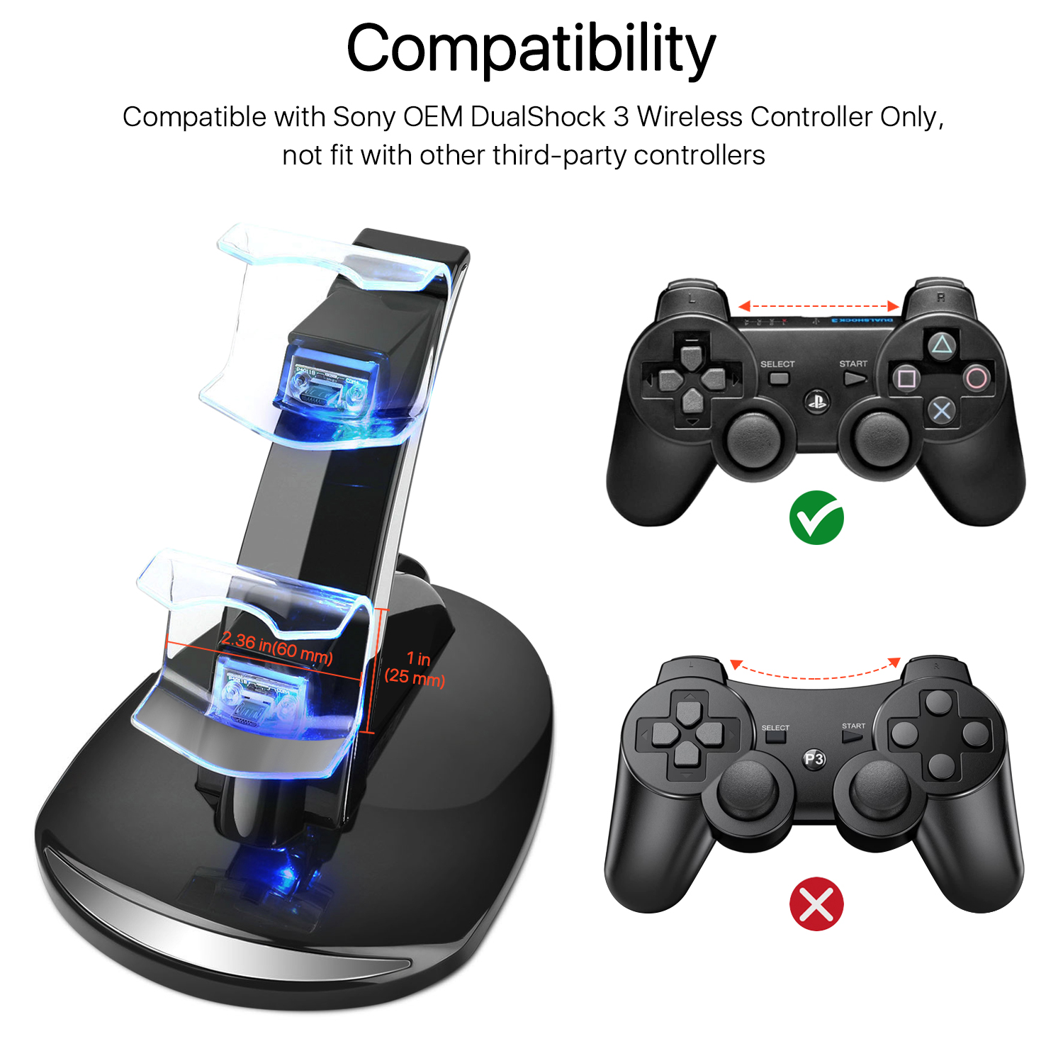 Fast Charging Up To 4 PS3 Controller - Sleek tower dock station design allows 2 Playstation 3 Dualshock 3 Controllers to be neatly organized and charge, 2 more USB ports on the side for ps3 controller charger cable to simutanously charge 4 total controllers at a time