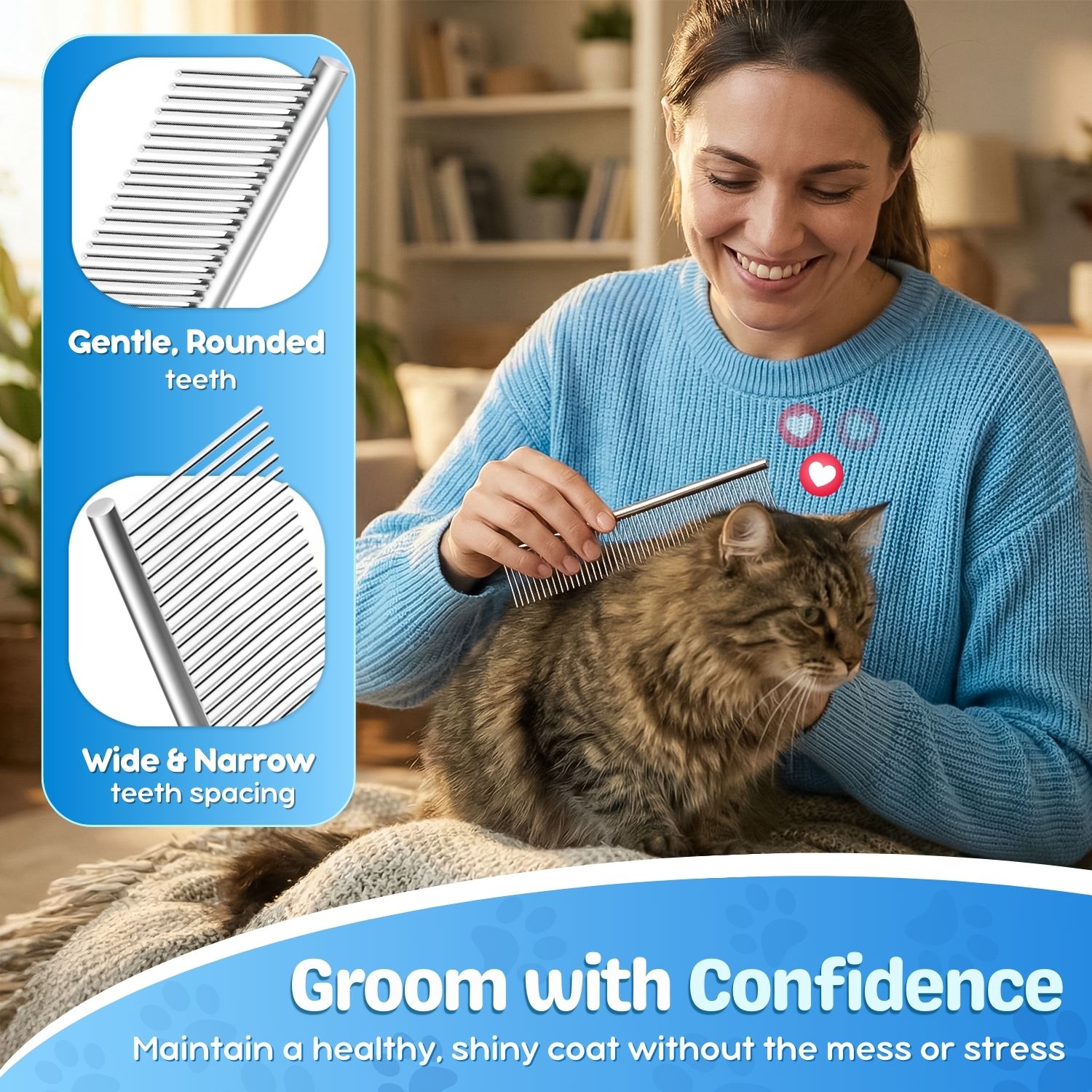 Pet Grooming Comb Stainless Steel Cats Dogs Puppy Medium Animals Hair Trimmer Brush Accessory Tool with Smooth Teeth Needle Durable Lightweight