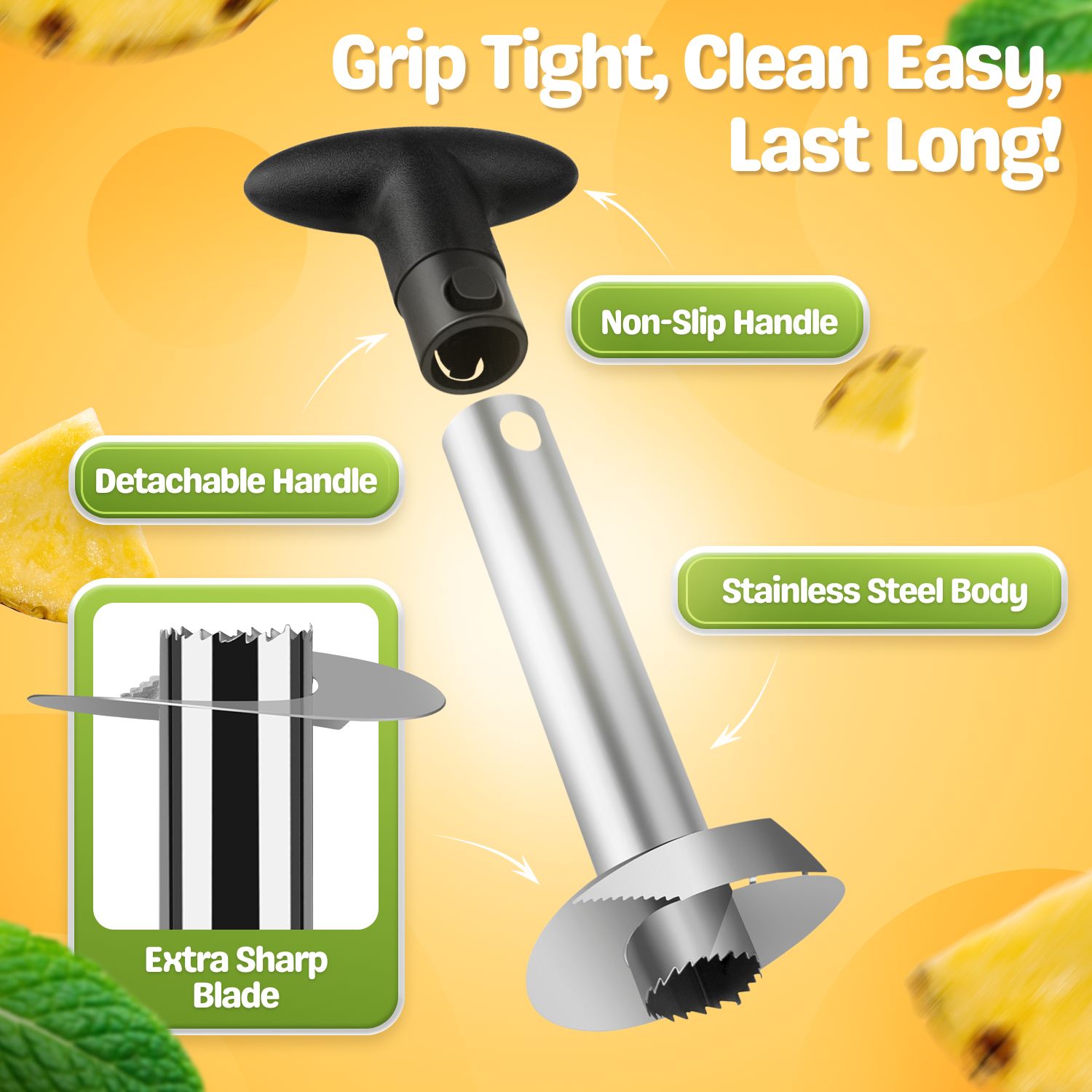 FAST & SIMPLE - Peels, cores, and slices an entire pineapple in seconds. Makes perfectly-shaped rings to retain the juice in the pineapple. Forget about fruit tearing, big mess and ripped pieces