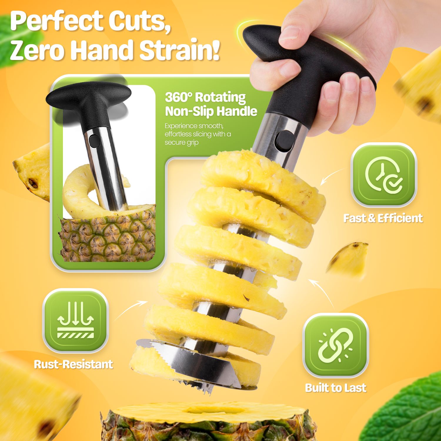 PREMIUM QUALITY - Made of sharp, durable, rust-resistant stainless steel with a medium-sized blade. This slicer will cut through the pineapple effortlessly. This pineapple de-corer kitchen utensil is boasting an ultra-resilient and non-slip plastic handle that withstands repeated use and endless twists!