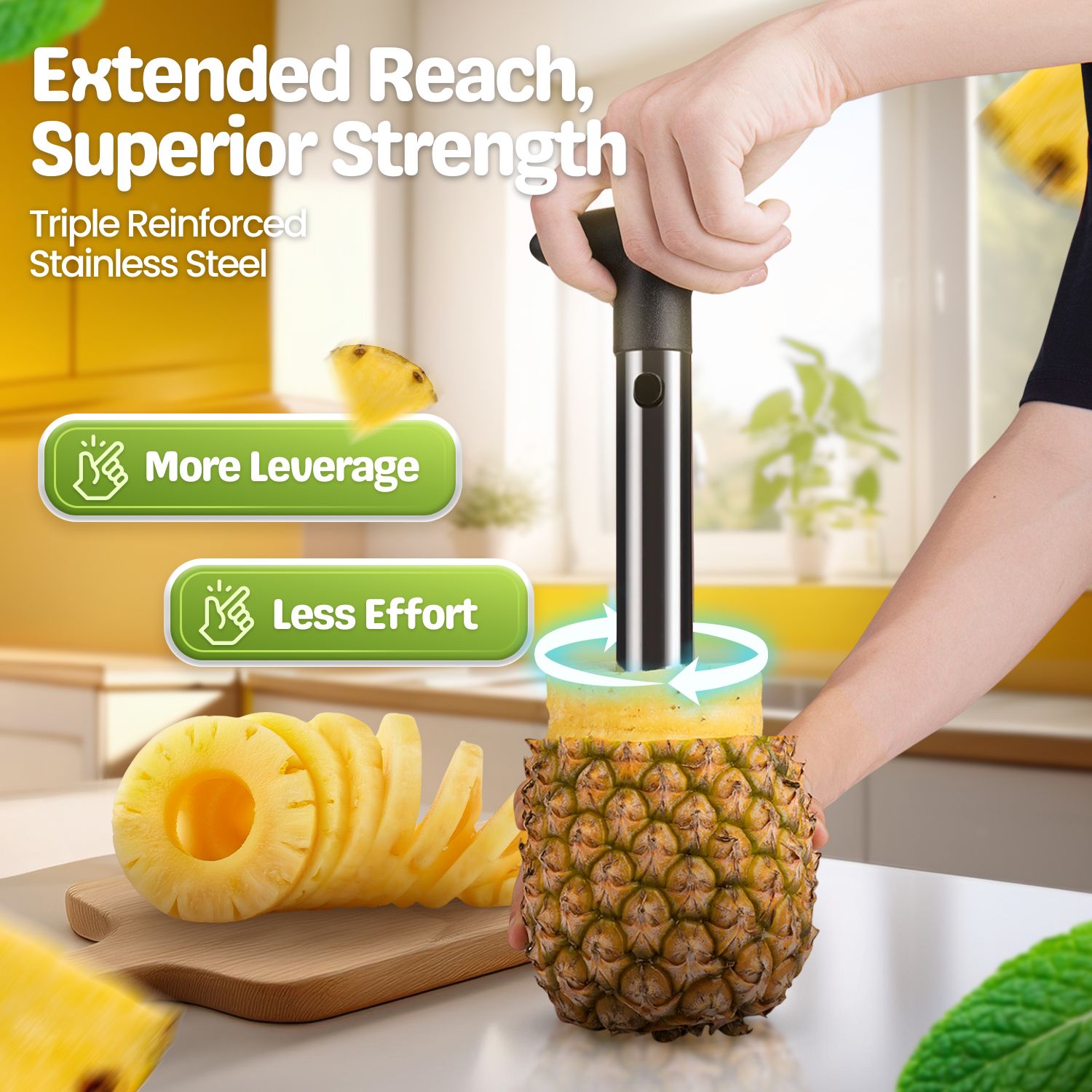 DISHWASHER SAFE & EASY TO CLEAN - Simple push the button to detach the handle and rinse in warm water to clean it. This will also save you space when storing it in the closet or drawer. Save your precious time with this pineapple cutter. Less time cleaning, more time eating the sweetest pineapples ever!