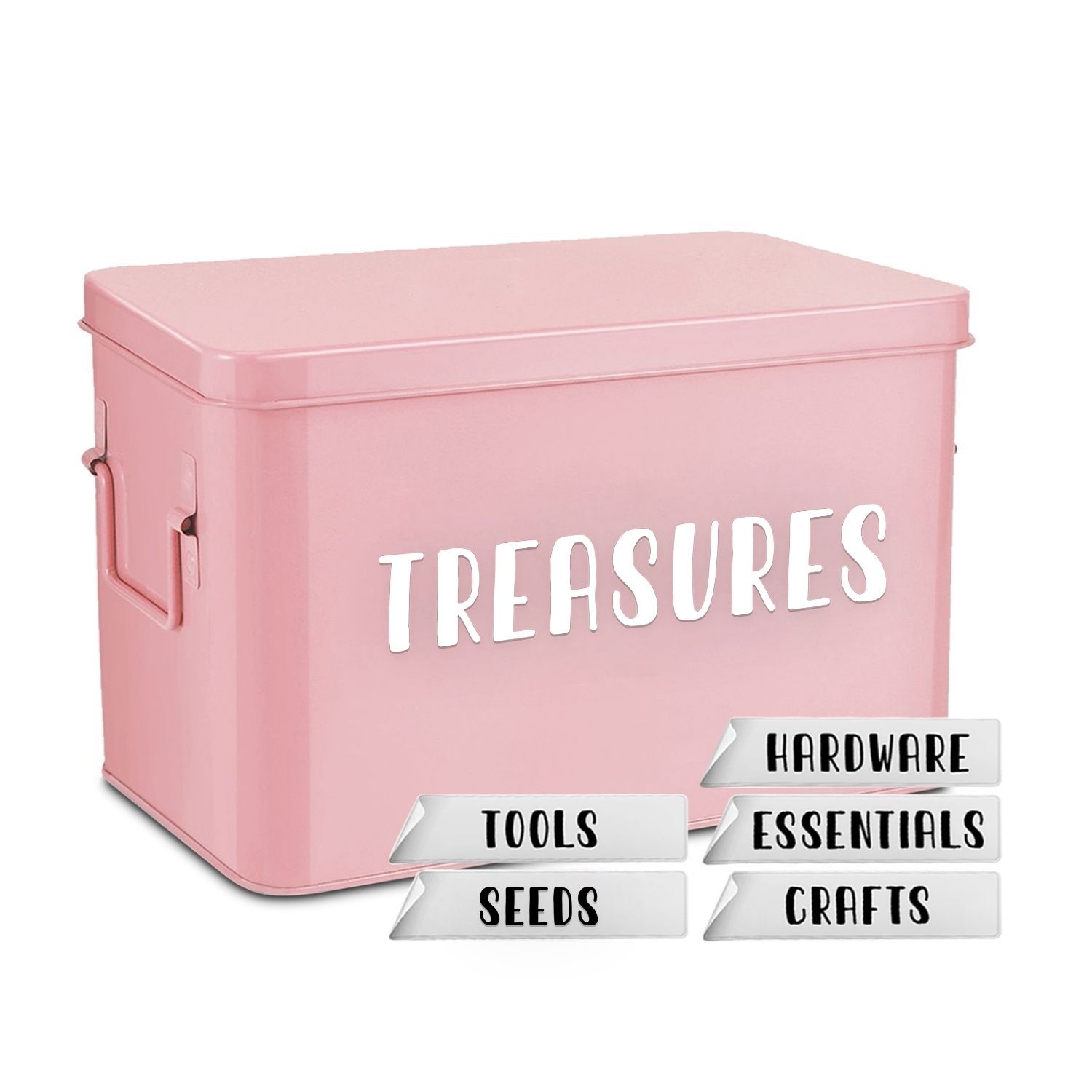 Flexzion Tin Storage Box with Removable Tray, Seed Organizer Box and Metal Seed Holder Organizer with Hinged Lid, Versatile Toolbox Container for Crafts, Hardware, Tools and Essentials, Pink