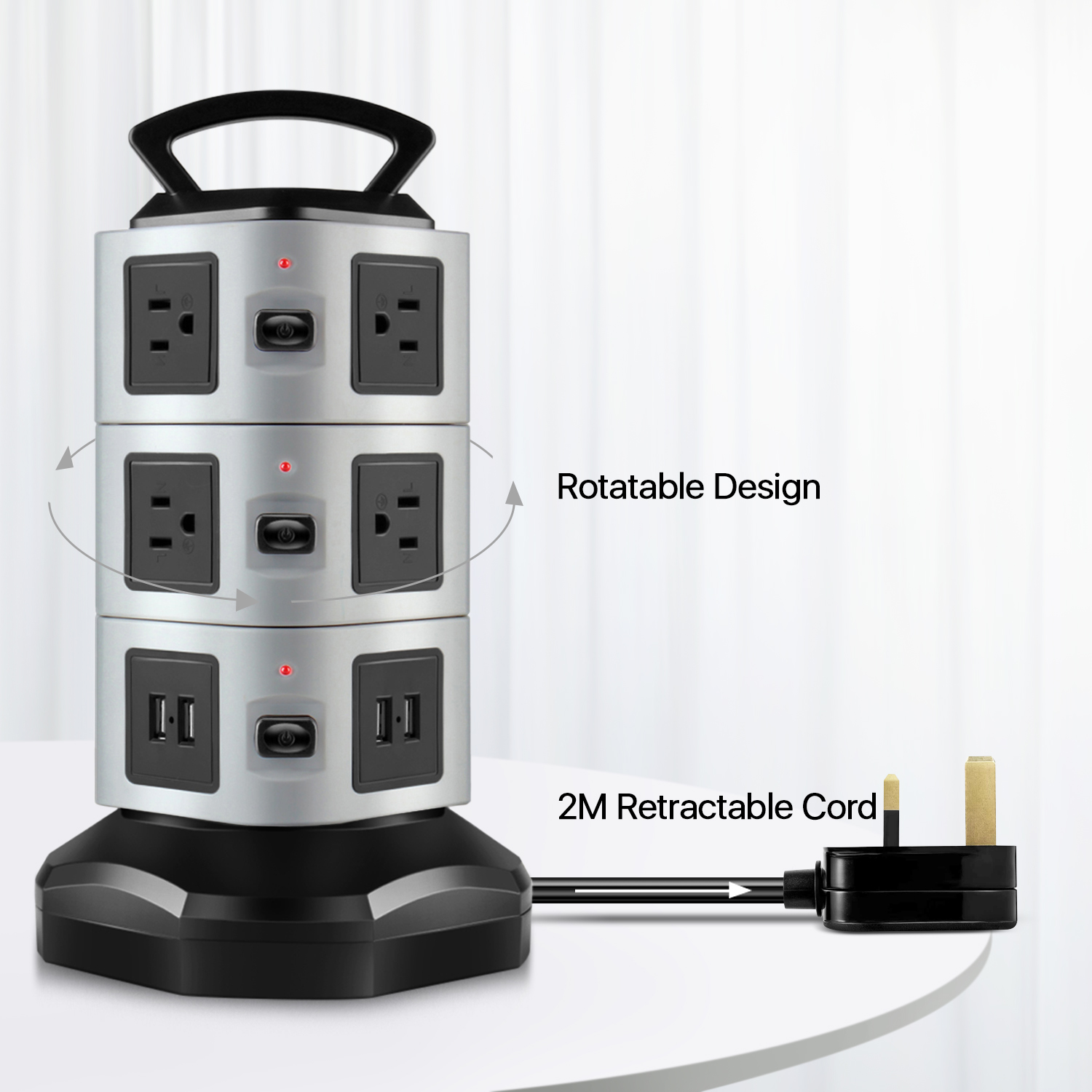 [Retractable Power Cord]: With 6ft extension cord, your devices are always within reach. the power cable can retract into the tower socket base. Adjust and set the cord length according to your preference or needs. This portable and space saving features making it convenient for home and office use