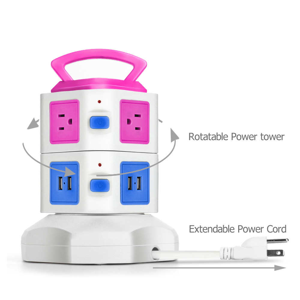Compact handle design with convenient socket rotation function, allows each layer of power outlet to rotate in different directions; Vertical design allows more space between each outlets;