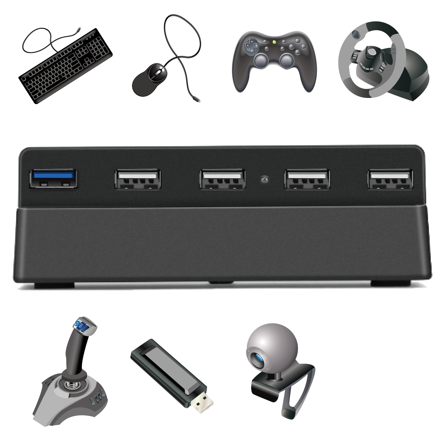 5 Port USB Hub for PS4 Slim USB 3.0 2.0 Adapter Accessories Expansion Hub  PS4S