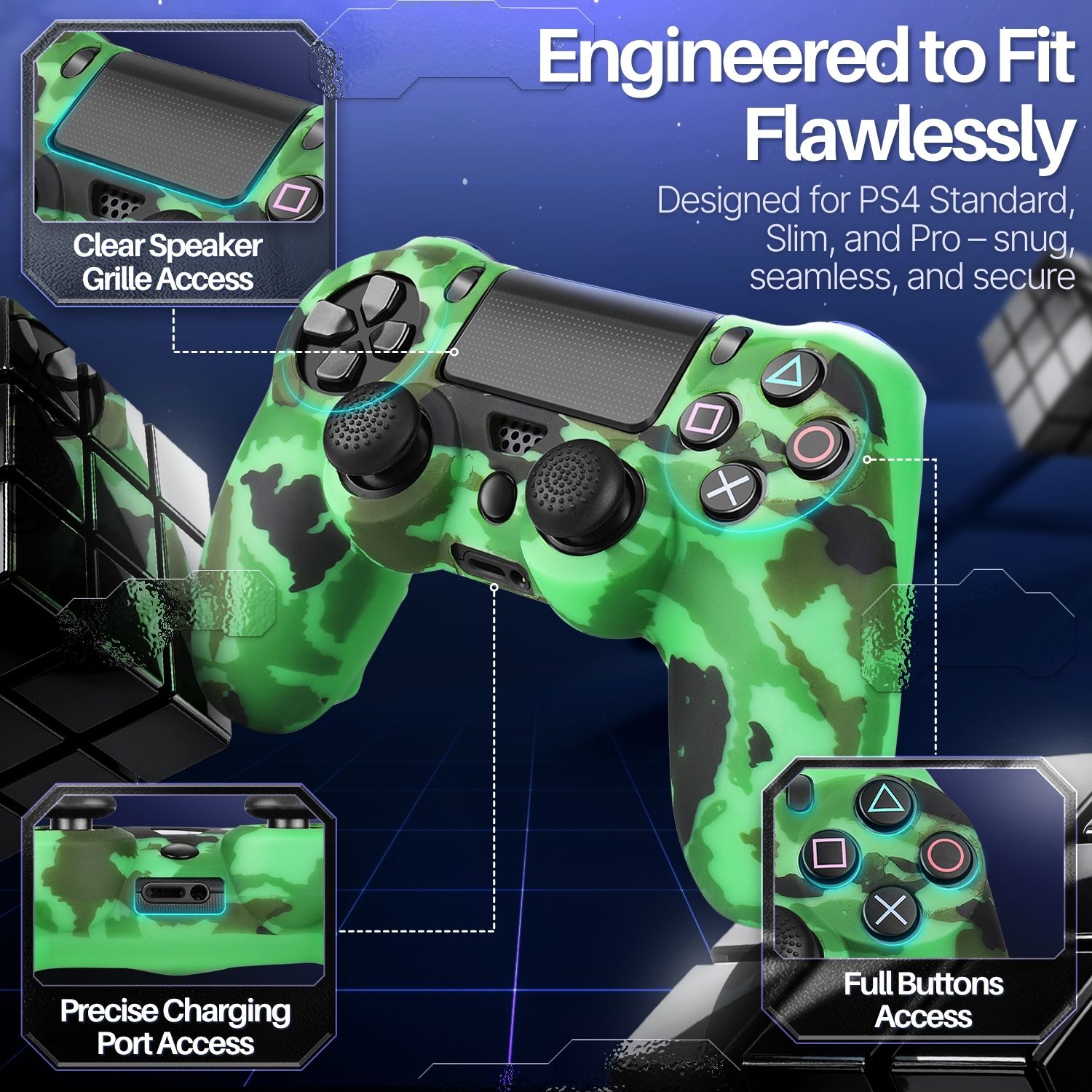 PS4 Controller Skin Grip Cover Silicone Gel Rubber w/ Stick Cap Camo