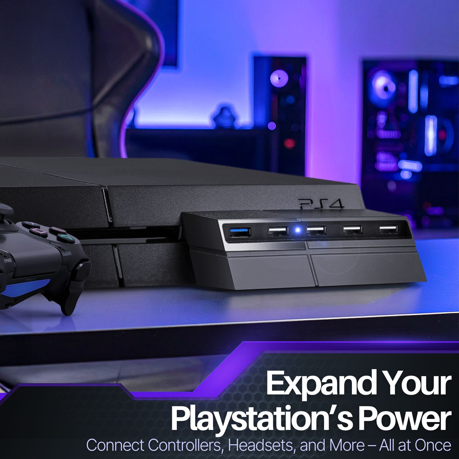 Extra USB Ports For PS4 USB Hub : This USB port hub for PS4 is specifically designed for Sony Playstation 4 console, maintaining the aesthetic with a matching color and shape.  Does Not Fit for Playstation 4 Slim / Playstation 4 Pro Edition. Please check compatibility before purchase