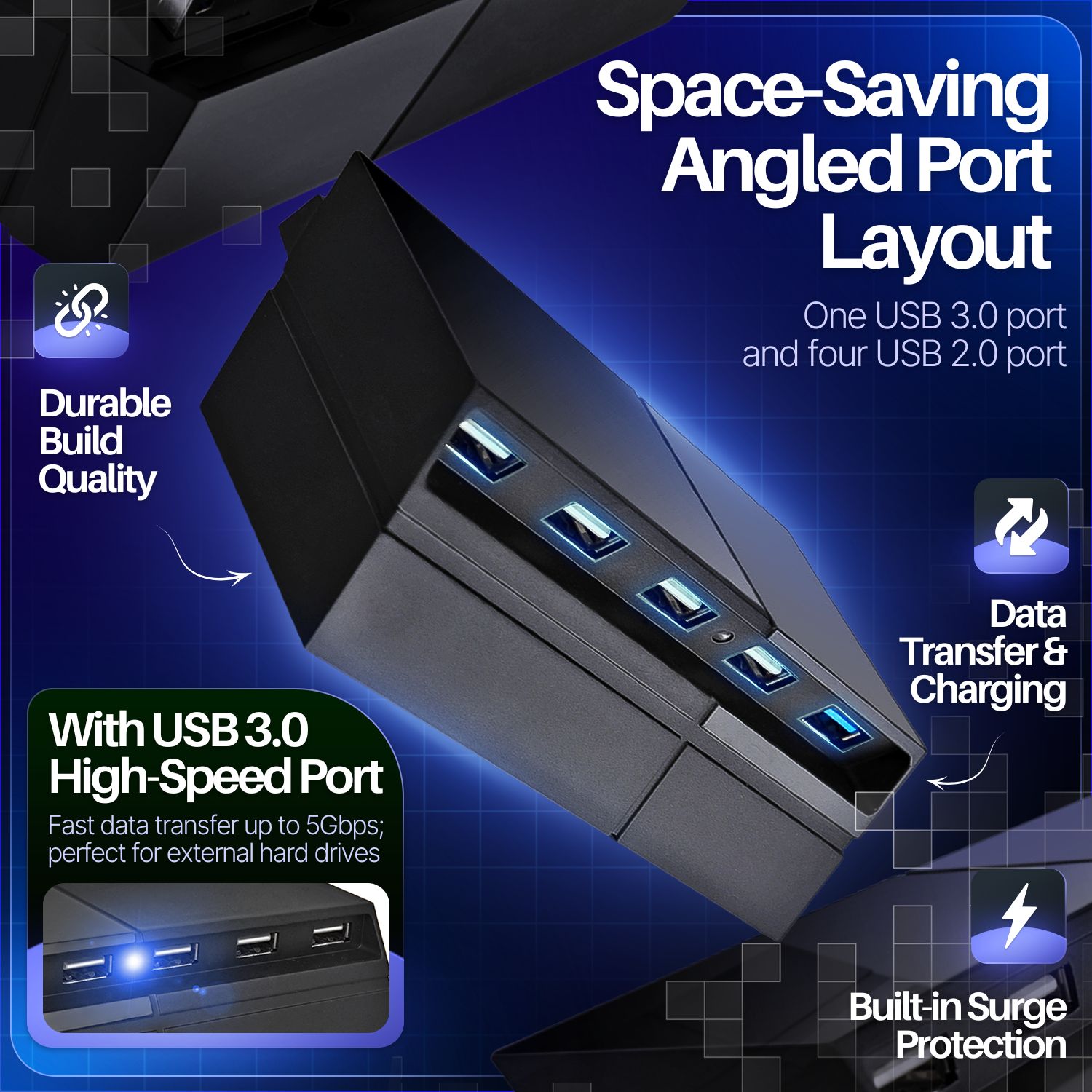 Multiple Connectivity Options: This USB extender for PS4 is equipped with one USB 3.0 port and four USB 2.0 ports; you can charge multiple devices simultaneously