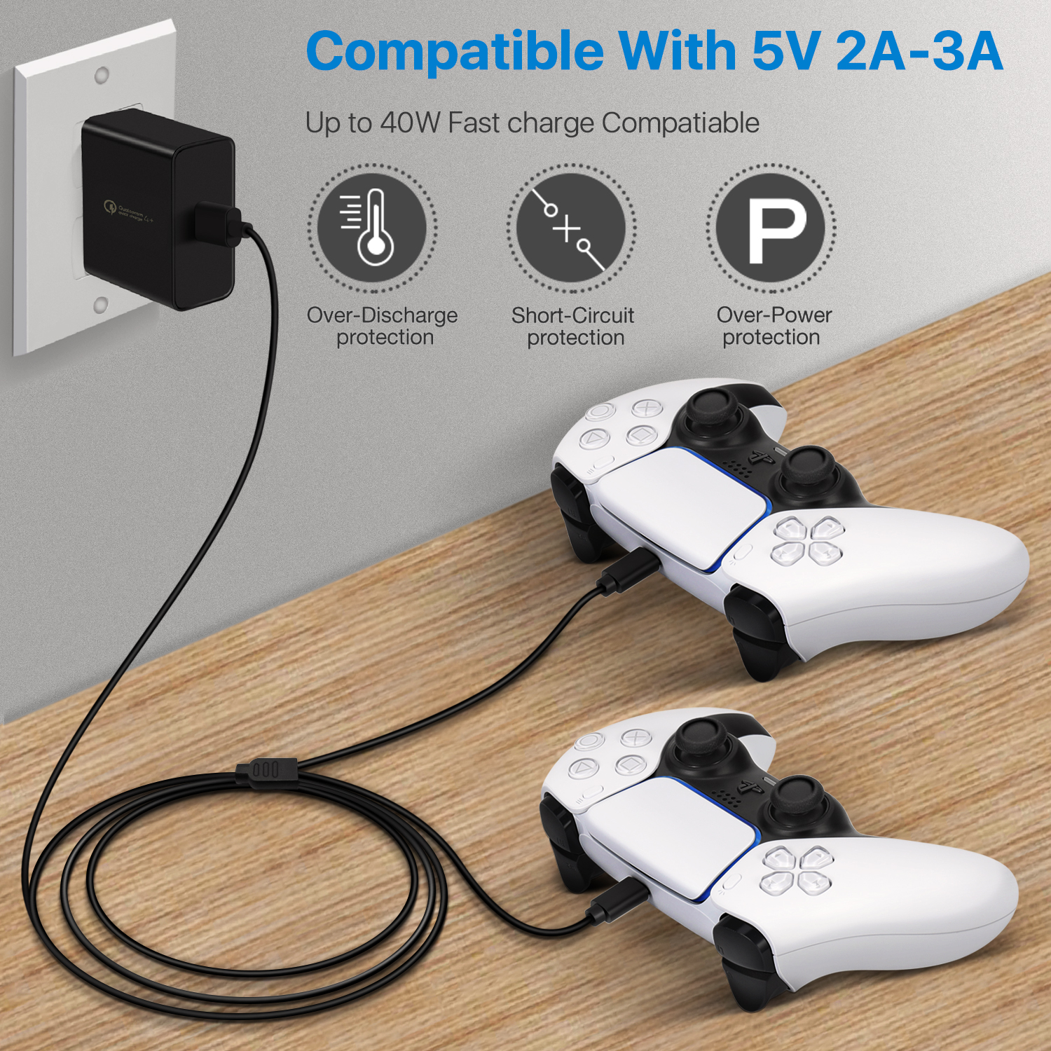 Charge while Playing - This allows you to charge up to 2 game controllers simultaneously while playing from up to 3m away. You can charge 2 devices at the same time with a 5V/2A - 2.4A wall charger. And this charging cable is for charging only, not data-capable