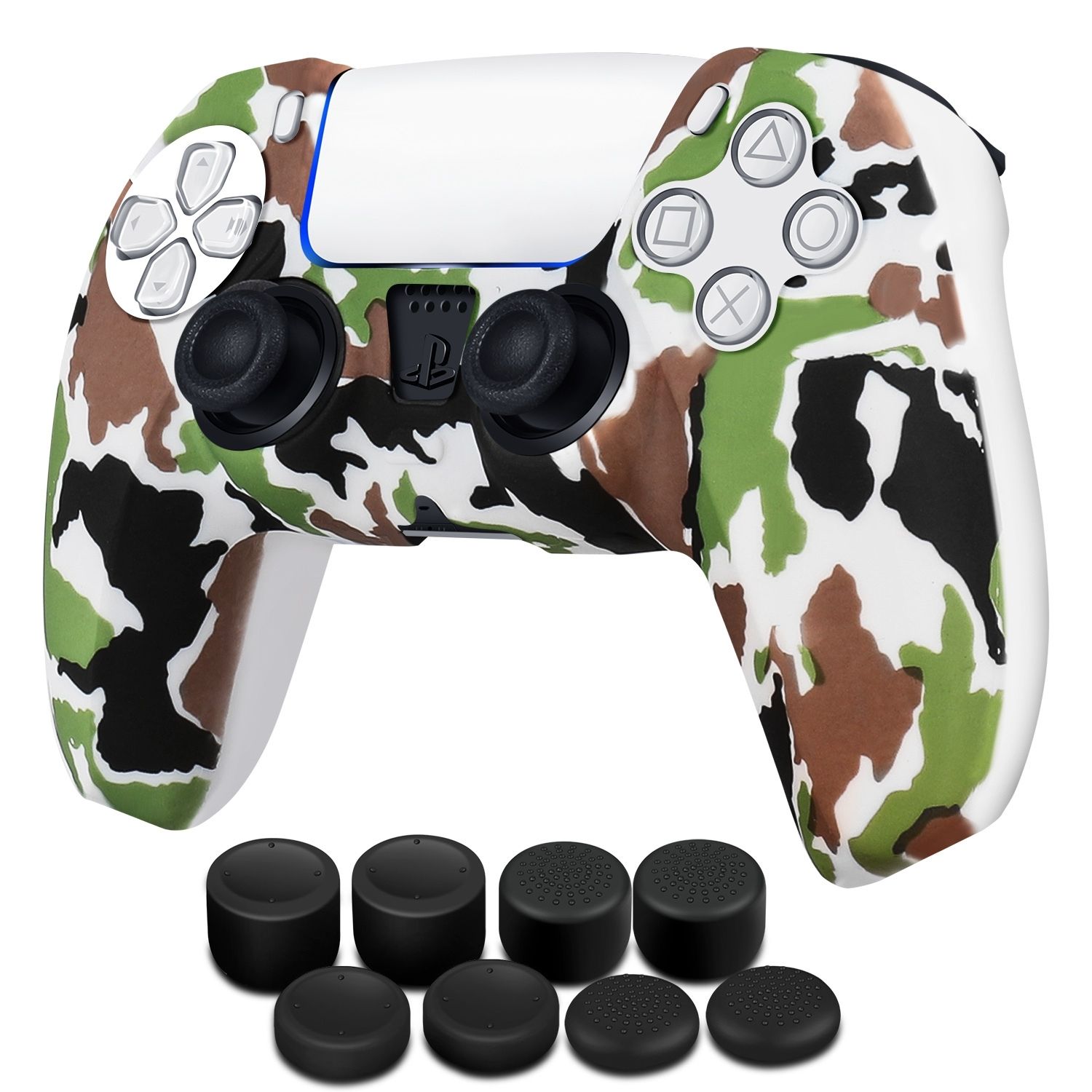 PS5 Controller Cover Skin Case + 8 Thumb Grips Set Compatible with Sony Playstation 5 - Protective Soft Silicone Gel Shell & Anti-slip Stick Caps Accessories for Video Games Gamepad (Camo)