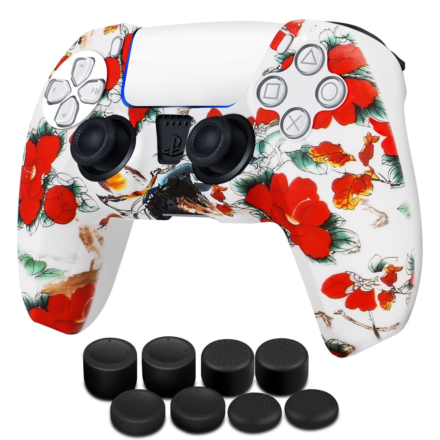 PS5 Controller Cover Skin Case + 8 Thumb Grips Set Compatible with Sony Playstation 5 - Protective Soft Silicone Gel Shell & Anti-slip Stick Caps Accessories for Video Games Gamepad (Red Flower)