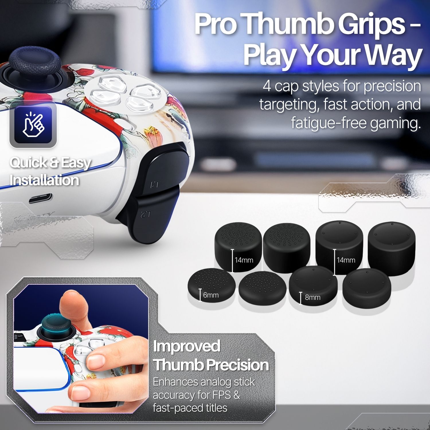 Includes 4 Pairs (8 Pcs) Of Different Thumb Grips - For Ps5 Accessories to enhance analog stick controls & improve precisions, incredibly comfortable and gentle on skin. Soft and smooth to the touch. The controller case adds almost no extra weight but rather enhance the texture