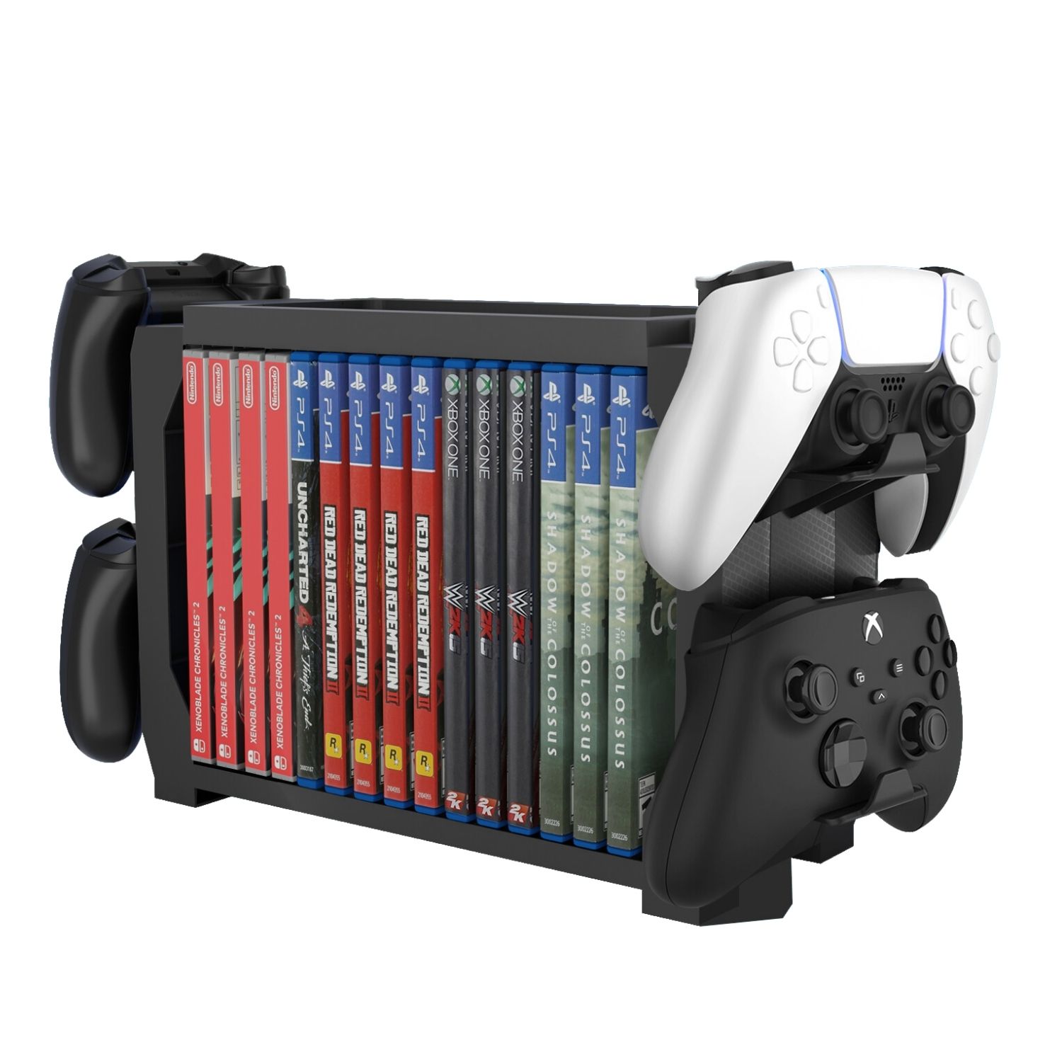 Products Games Storage Tower (Up to 15 CD Disc) For PS5 Game Disk Rack and Controller Stand Holder For Xbox Series X/Nintendo Switch/PS4 Controller Stand Holder Can hold up to 4 controller