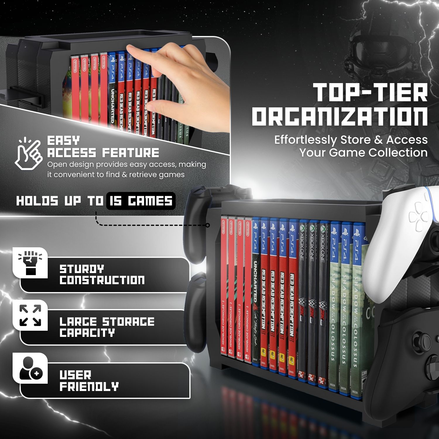 4 Multi-Function Hangers - 2 controller or headphone hanger holders on both sides to securely hold your controllers or headphones