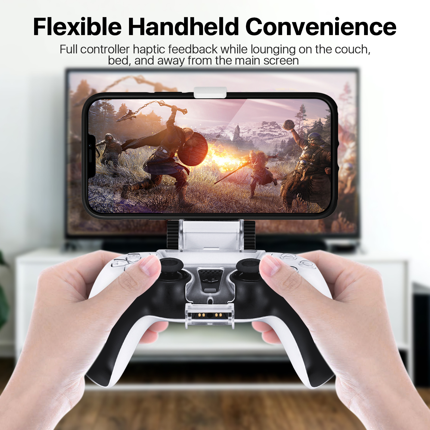 Handheld Gaming Experience - Stay in the game away from your TV. Universal controller phone mount designed for PS5 DualSense controller fits most phones compatible with PS remote play. Precise cutouts for easy access to the touchpad, PS button, light bar placement, built-in mic, speaker, and USB-C Port