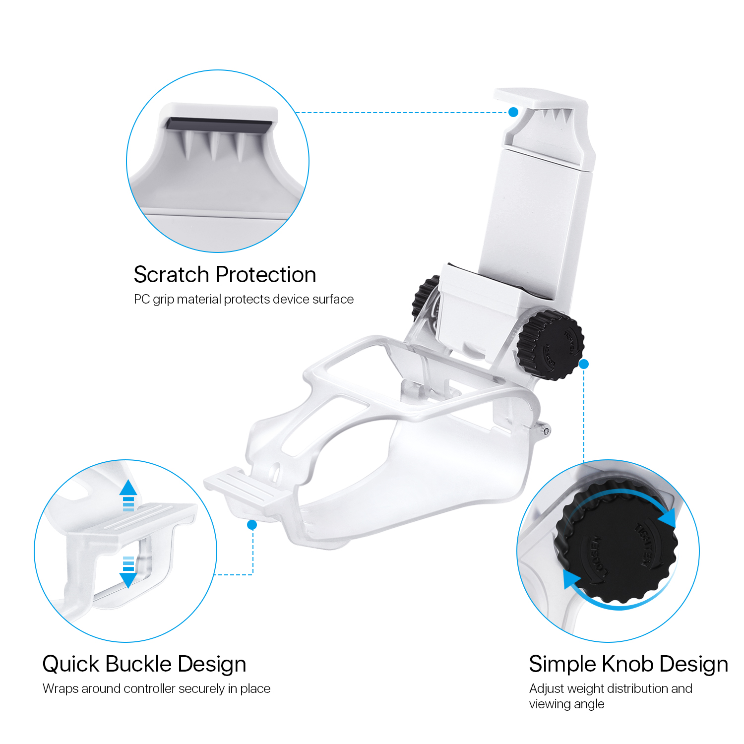 Articulated Phone Mount - has an articulated phone mount that is adjustable to choose the ideal viewing angle and proper weight distribution. 180-degree rotation phone clamp can pivot back and forth and be locked in place by tightening the screw knob located at the base