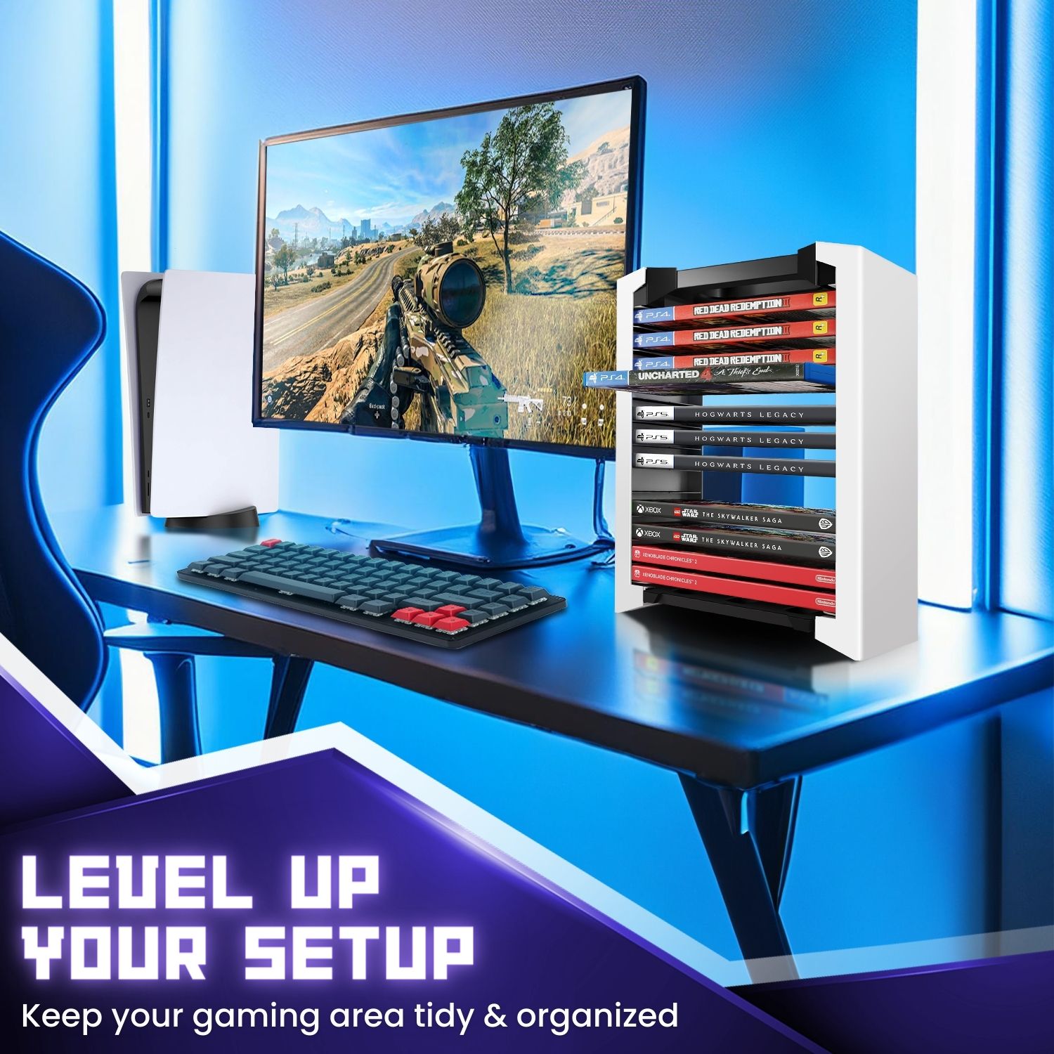 Compact Design, Generous Capacity: This video game holder stand has 11.4 x 7.9 x 4.7 Inches dimensions. It offers generous storage while occupying minimal space. Each slot is designed to fit standard-sized game cases, with special consideration for the slightly smaller switch cases