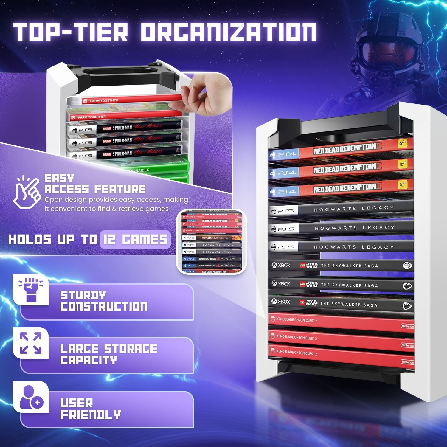 Stylish Video Game Organizer : Designed with a PS5-inspired theme, this video game tower storage perfectly showcases your video game disc collection, enhancing your gaming area's aesthetic while organizing your collection