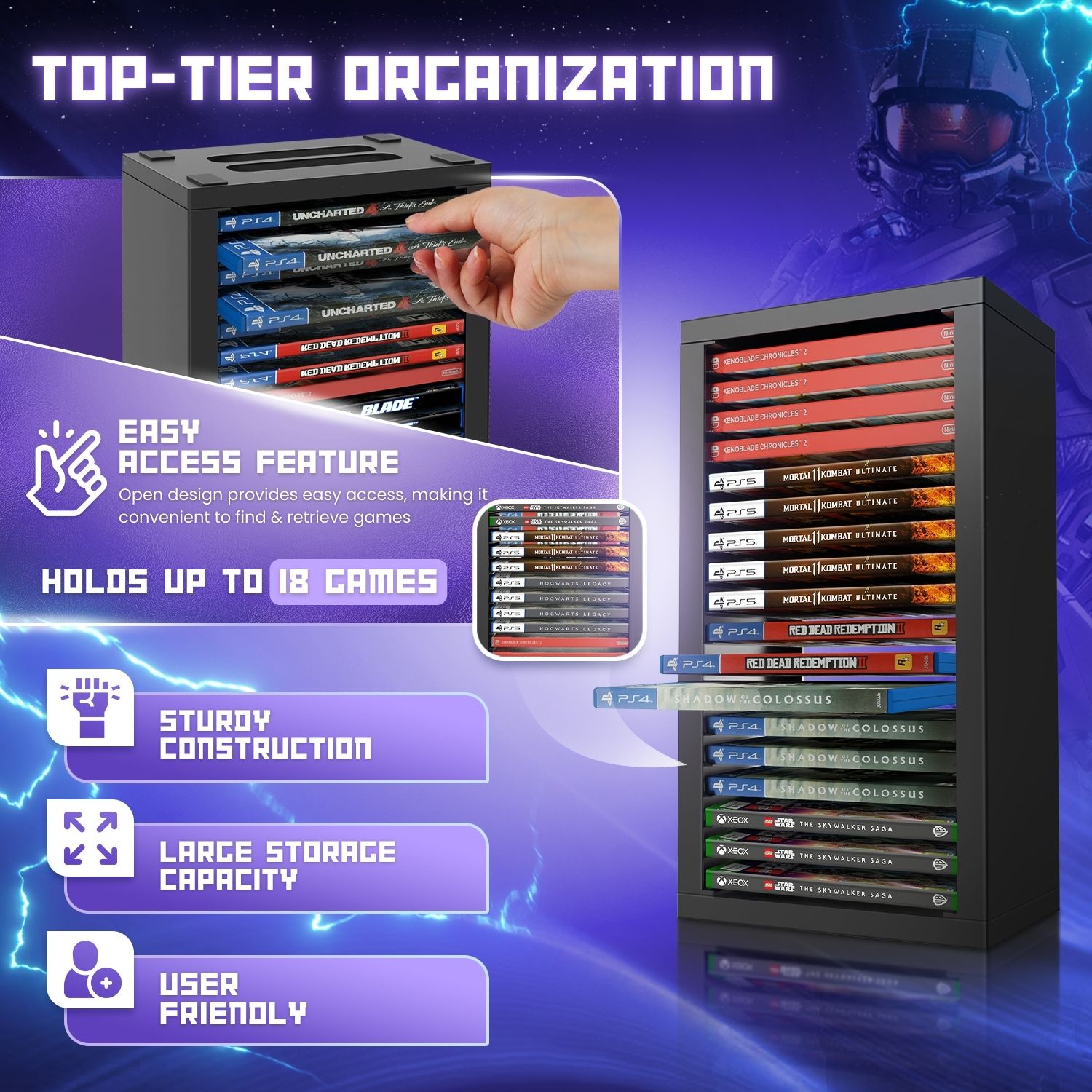 Stylish Video Game Organizer: Designed with a PS5-inspired theme, this video game tower storage perfectly showcases your video game disc collection, enhancing your gaming area's aesthetic while organizing your collection