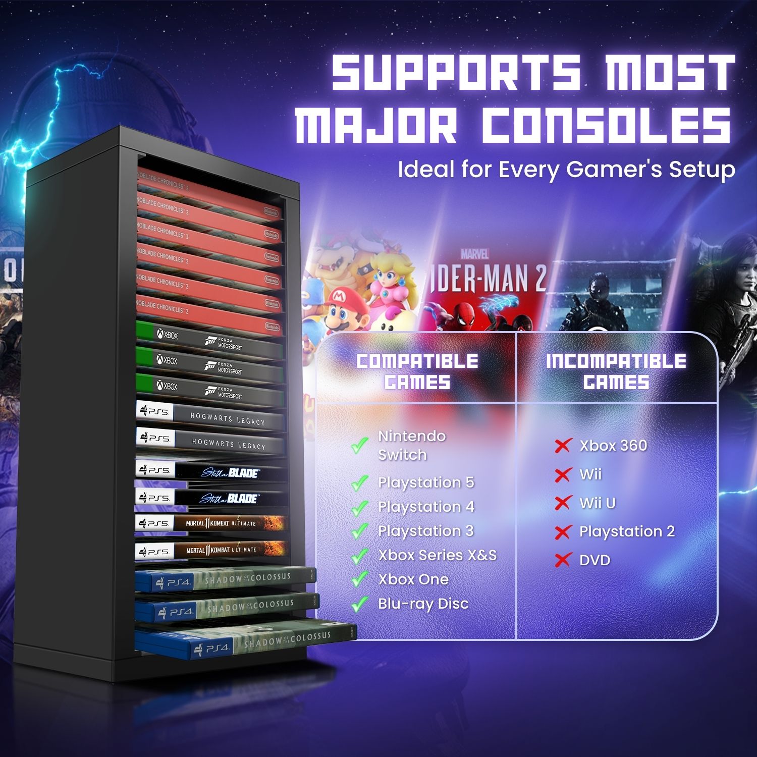 Expanding Game Collections Solution: This video game rack tower is ideal for growing game libraries. Purchase additional units to create a custom display that suits your collection's needs, whether side-by-side or stacked