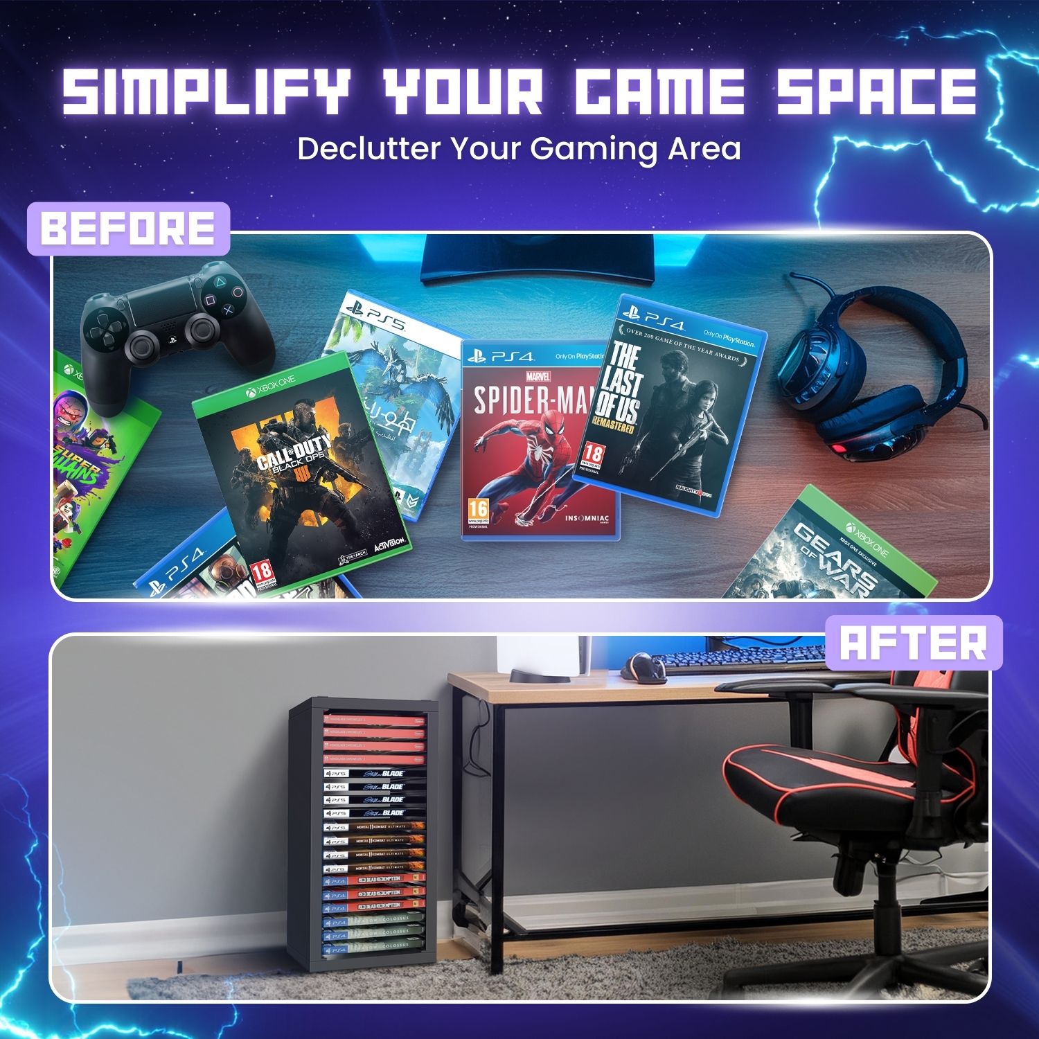 Effortless Assembly: Our video game case holder tower features a solid base, two durable support columns, and a sleek top, ensuring stability and a hassle-free setup. Easily put together in minutes!