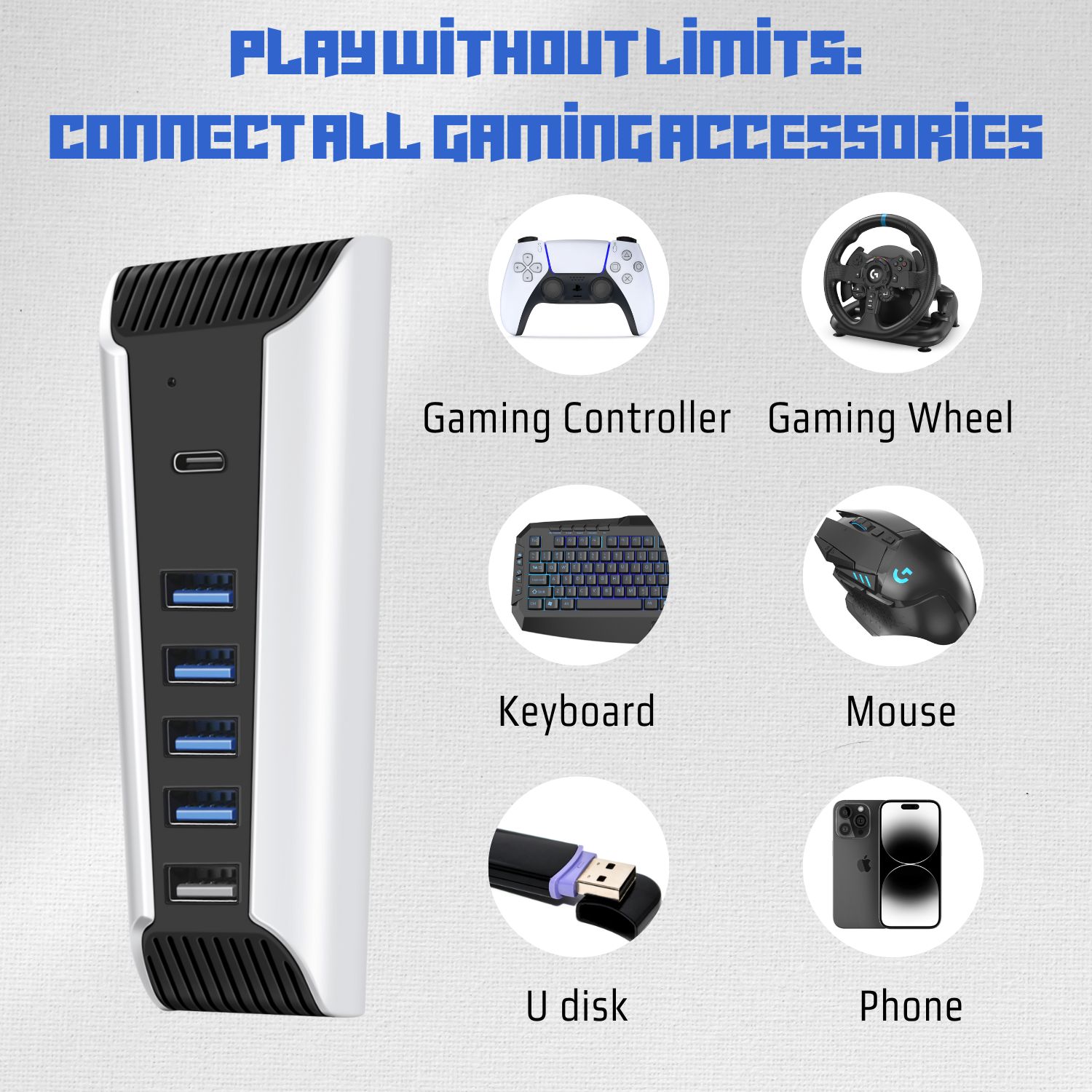 Simultaneous Connection: Our USB port adapter for PS5 comes with high-speed 4x USB 2.0 ports, 1x USB type C 3.1 port, and 1x charging port that supports multiple device connections and operation compatible with PS5 accessories. Note: Compatible with Playstation 5 UHD & Digital Edition, Not Compatible with PlayStation 5 Slim, external drive, PSVR processor unit, PSVR/PSVR 2 camera w / USB adaptor,