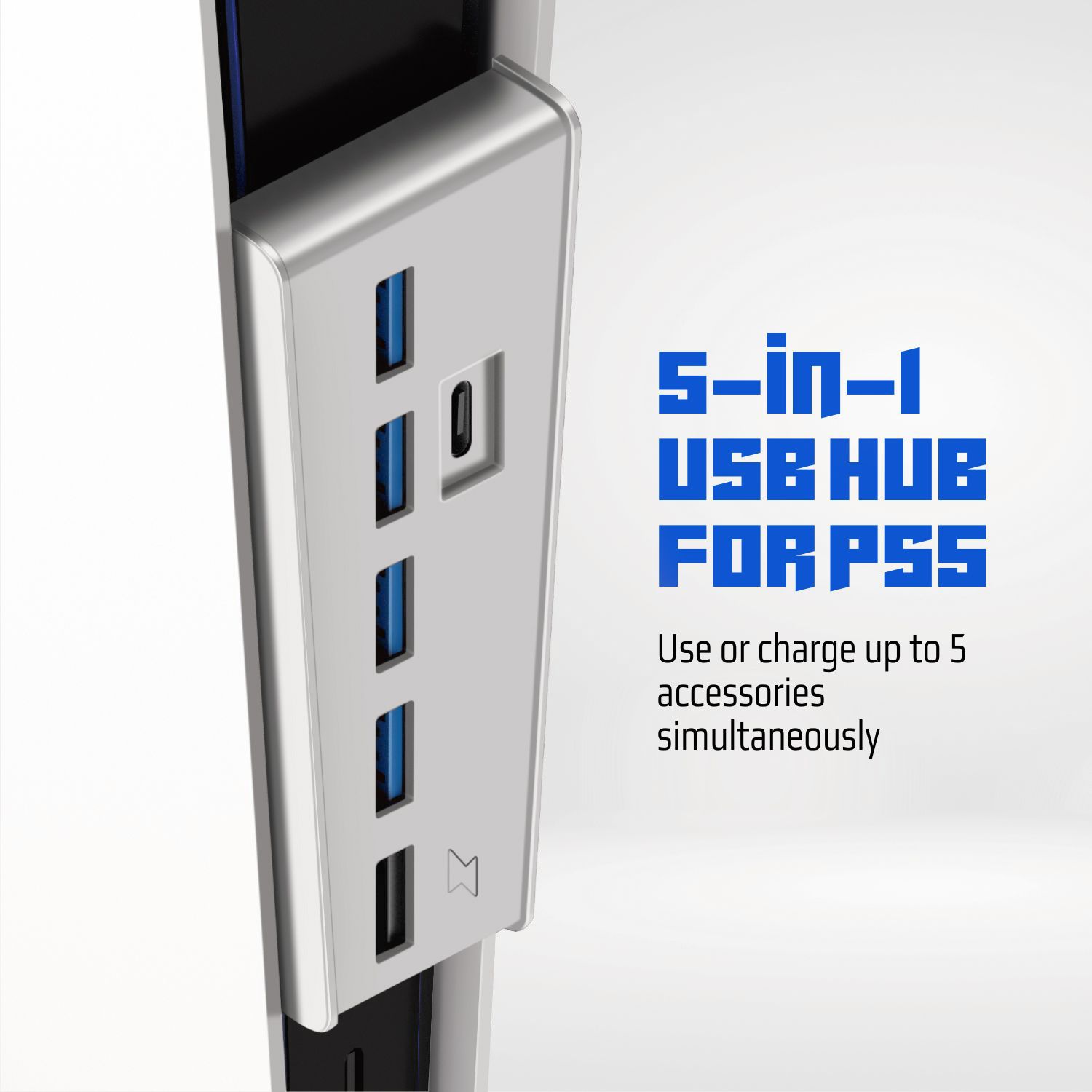 PS5 Specific Design - This hub is designed for PS5 console only, able to expand your consoles existing 2 front-facing ports into 4 USB A 2.0 ports, 1 USB A fast charging port, and 1 USB C port