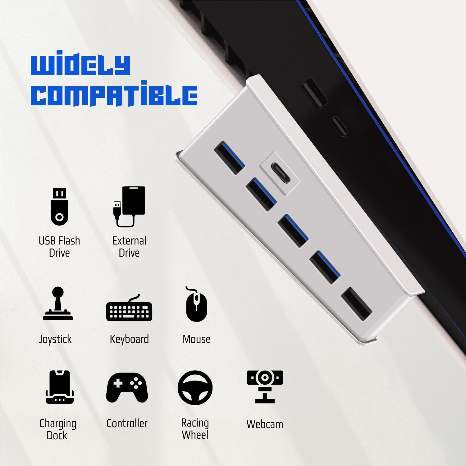 5+1 Ports For Extra Peripherals & Accessories - Four USB 2.0 support data transmission and power supply for external devices. Note: The USB A port on the PS5 Console is USB 2.0, resulting in any hub USB A extensions to only support USB 2.0