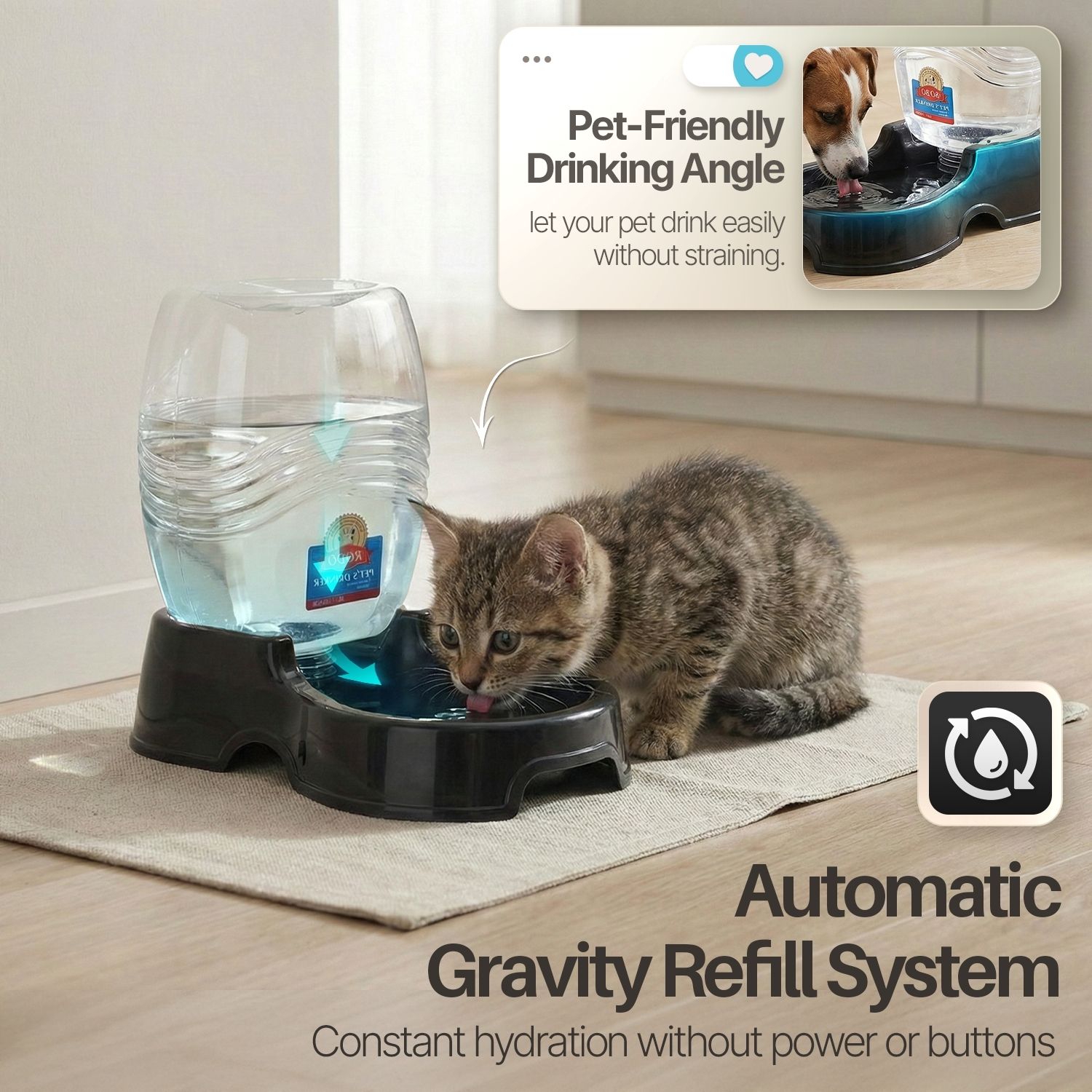 Hygienic & Durable Pet Gravity Water Dispenser - Crafted from high-quality PP plastic, this gravity dog water bowl is designed to resist stains and odors, ensuring a clean water source for your pets