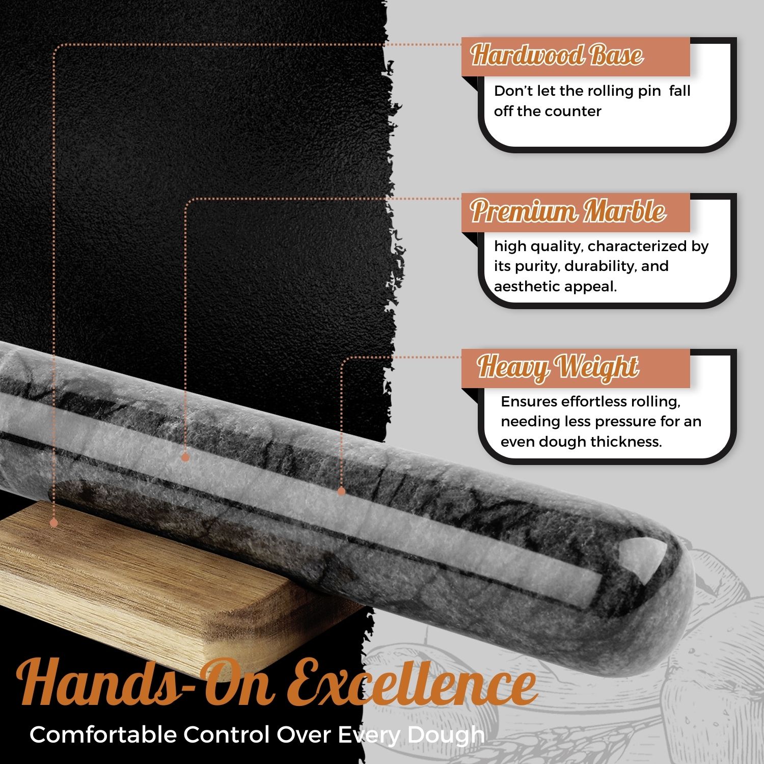 Marble Rolling Pins with Wooden Holder Stand Base 11 Inch Black Heavy