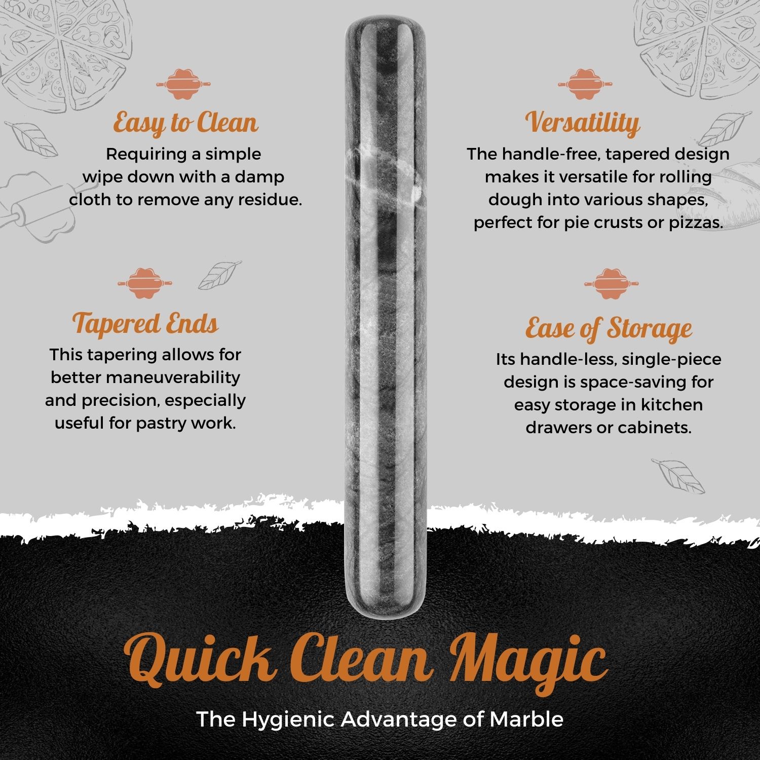 Marble Rolling Pins with Wooden Holder Stand Base 11 Inch Black Heavy