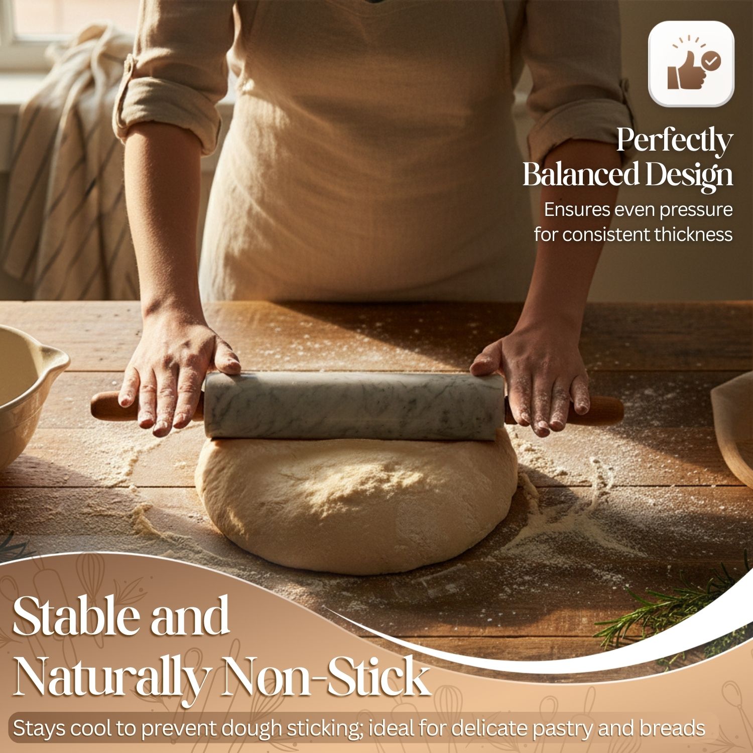 The natural coolness of the marble makes it ideal for working with delicate pastries as well as fondants for cake decorating; If you are looking for a heavy pin that can be placed in the fridge or freezer for better dough, this is the rolling pin that will make your baking a pleasure