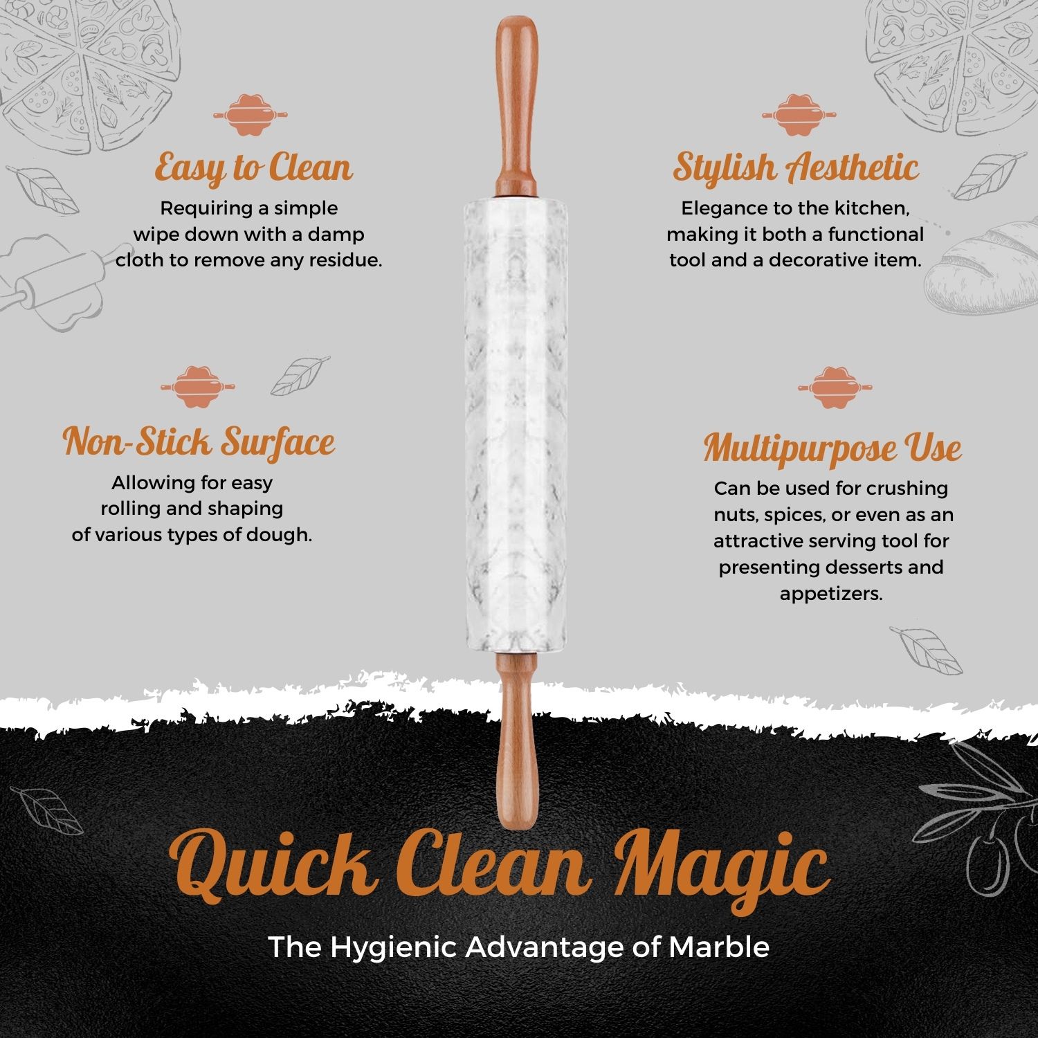 Marble Rolling Pins 18 Inch White Heavy Weight With Wood Base For