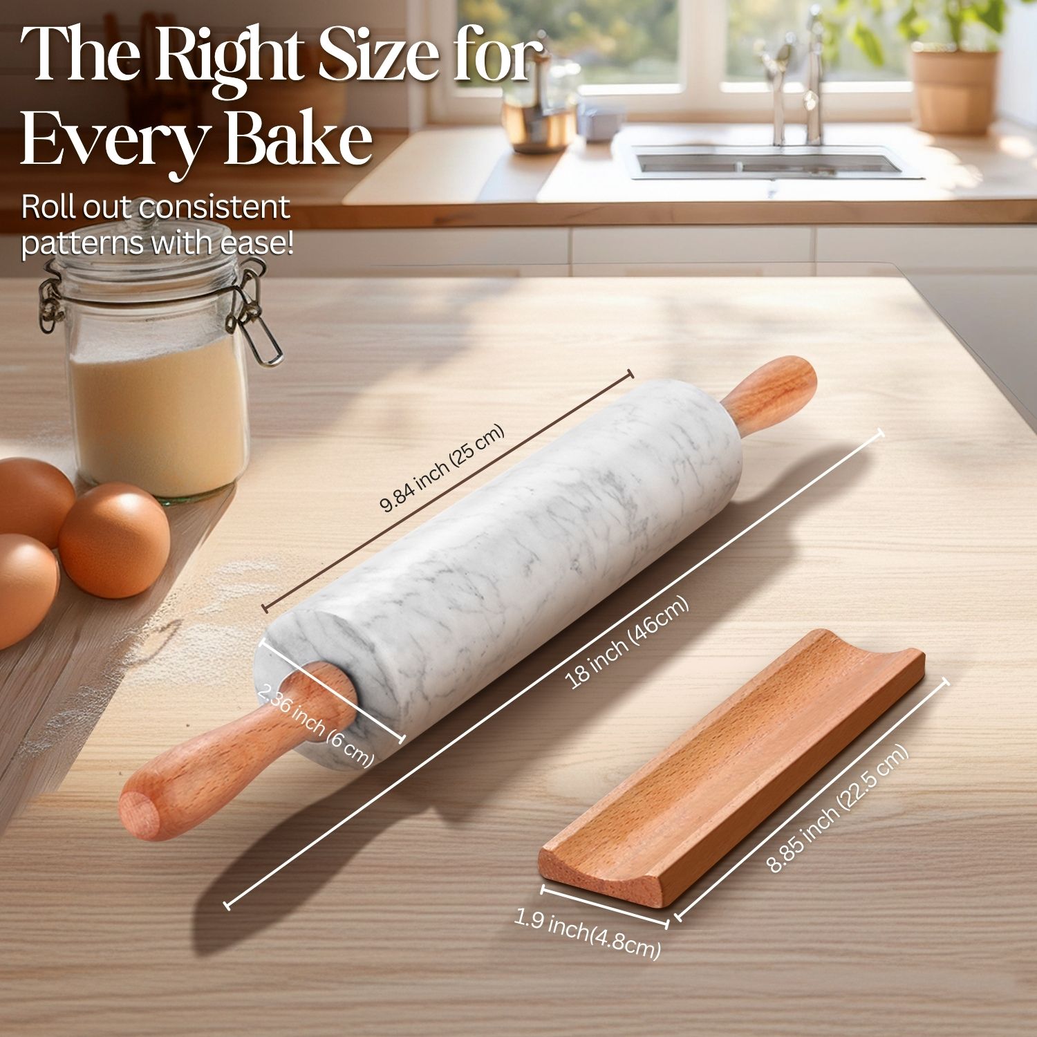 Wooden cradle holder to hold the rolling pin when not in use; An essential tool for any kitchen with comfortable, easy grip handles for added comfort and control
