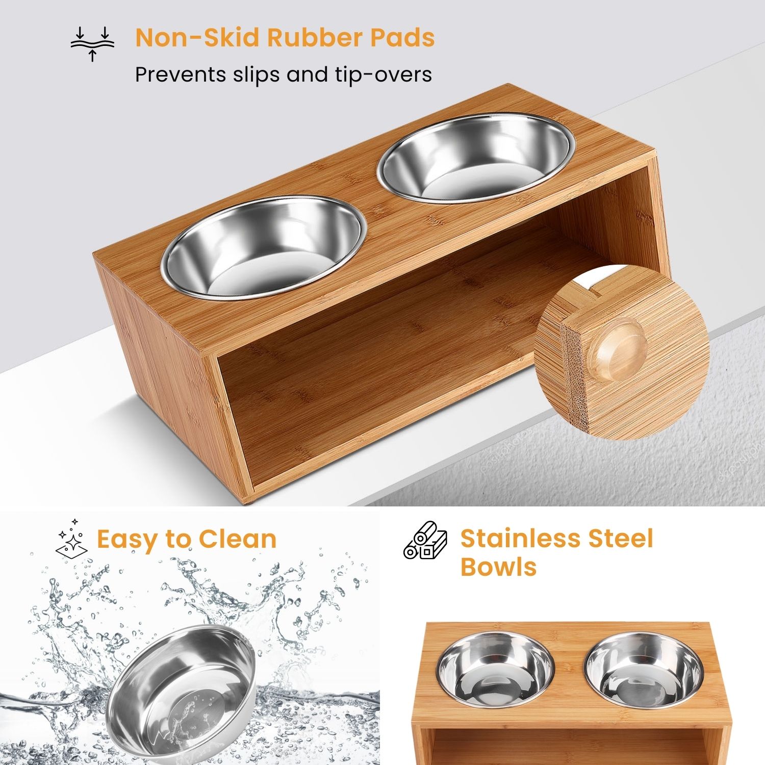 No More Knock Overs - &nbsp;The dog dish stand is constructed with a sturdy and anti-skid design to prevent sliding around and tipping the contents out, resulting in a cleaner and more hygienic space.