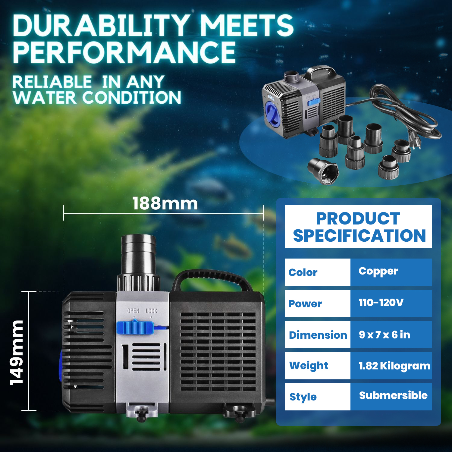 Pond Pump 800GPH Adjustable Submersible Inline Fountain Waterfall Koi Filter