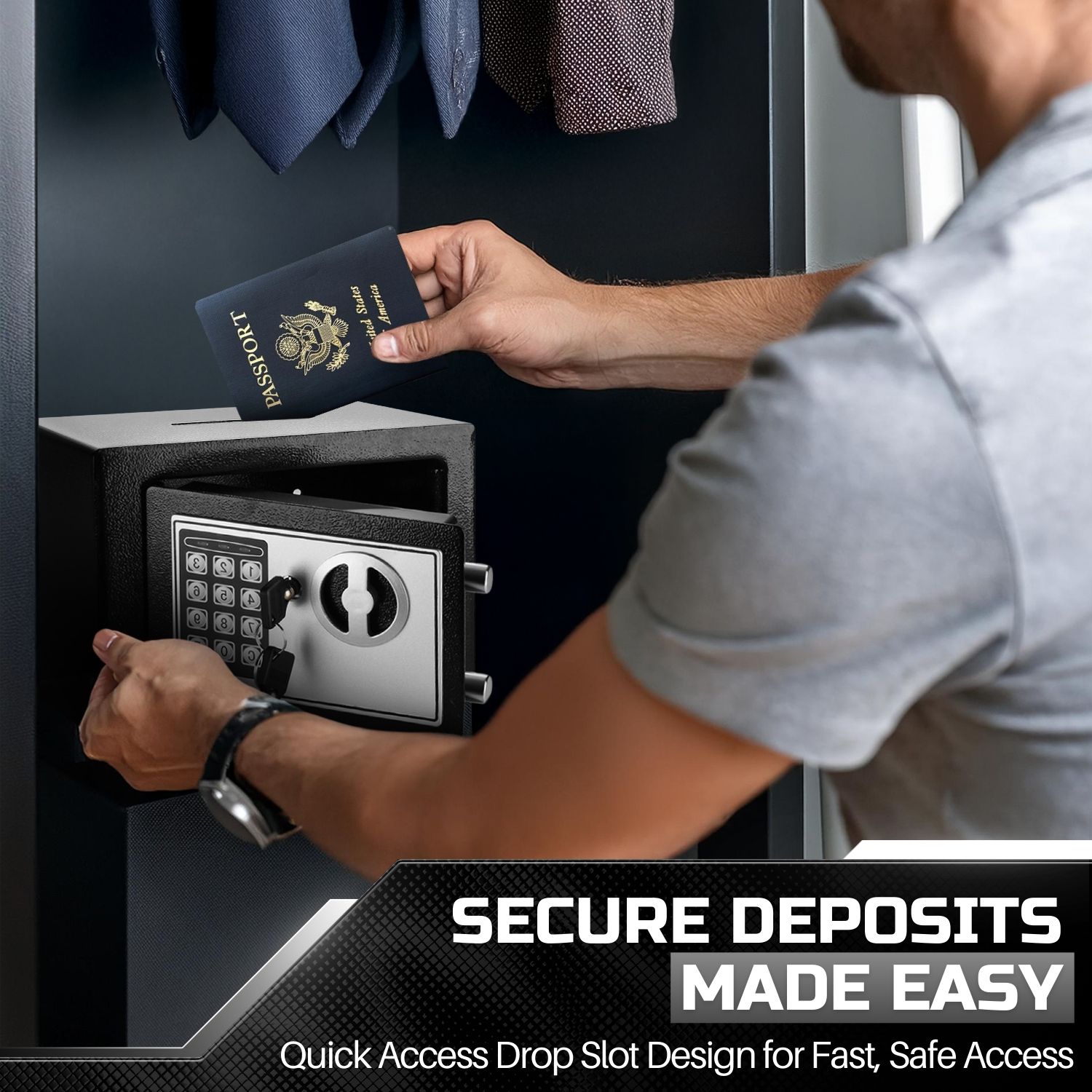 Secure and Durable Design: This cash safe box with drop slot offers over 550 cubic inches of secure interior storage space, perfect for safeguarding legal documents, jewelry, passports, cash, and other valuables. Ideal as a money safe for cash