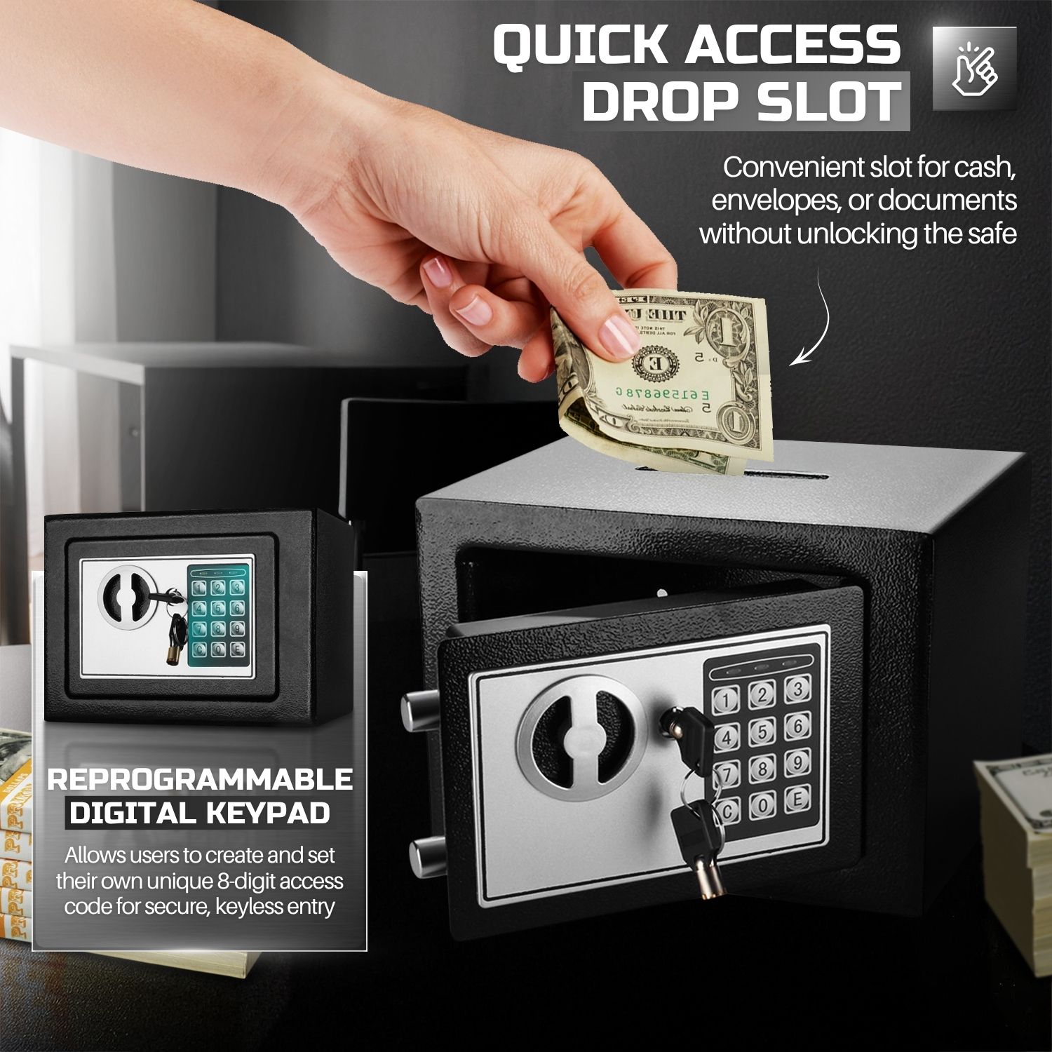 Tamper-Proof Design: Built with solid steel, this safety deposit box for home features live-door bolts and concealed hinges to resist tampering, ensuring the safety of your valuables and serving as a reliable safe for money