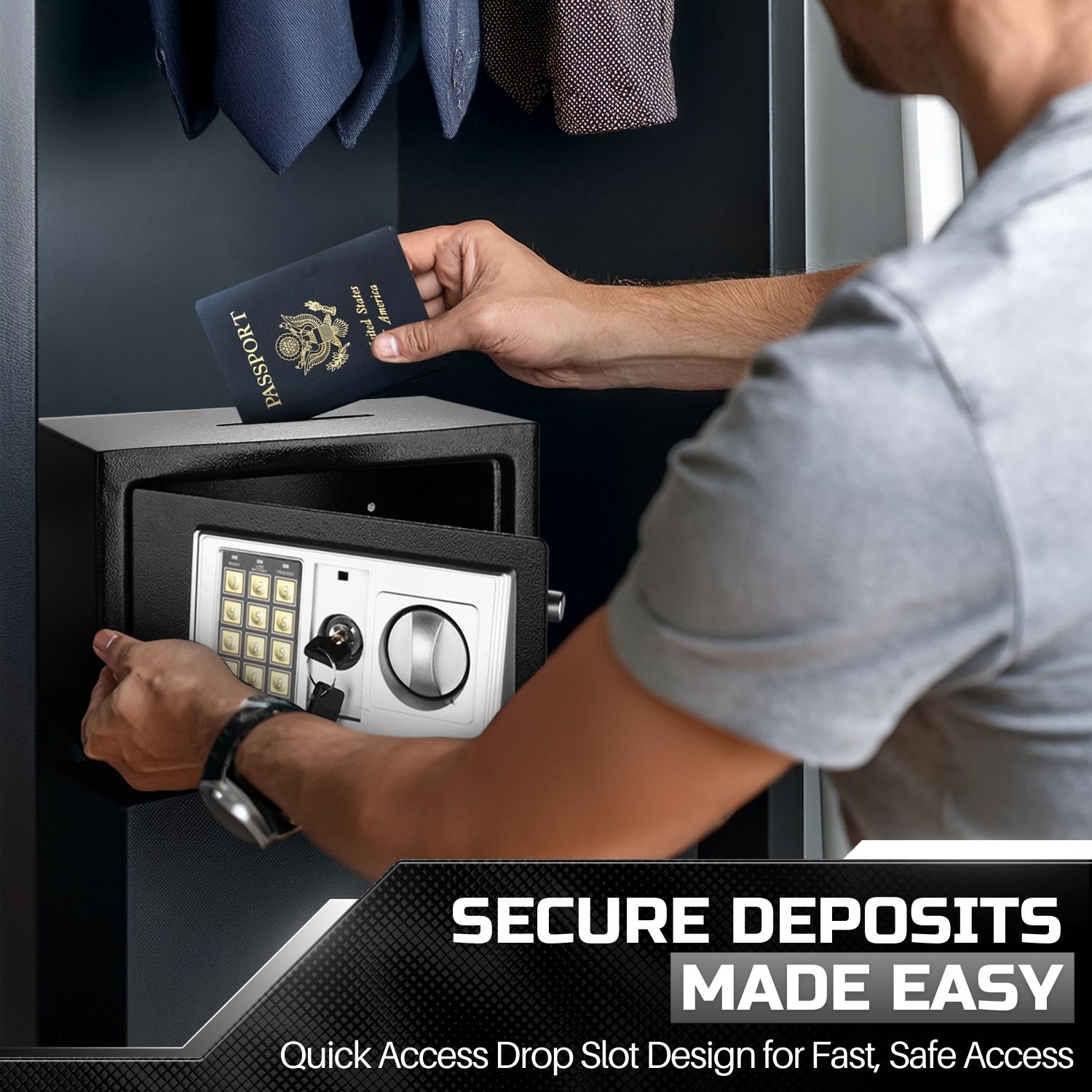 Secure and Durable Design: This cash safe box with drop slot offers over 2.8 cubic ft of secure interior storage space, perfect for safeguarding legal documents, jewelry, passports, cash, and other valuables. Ideal as a money safe for cash