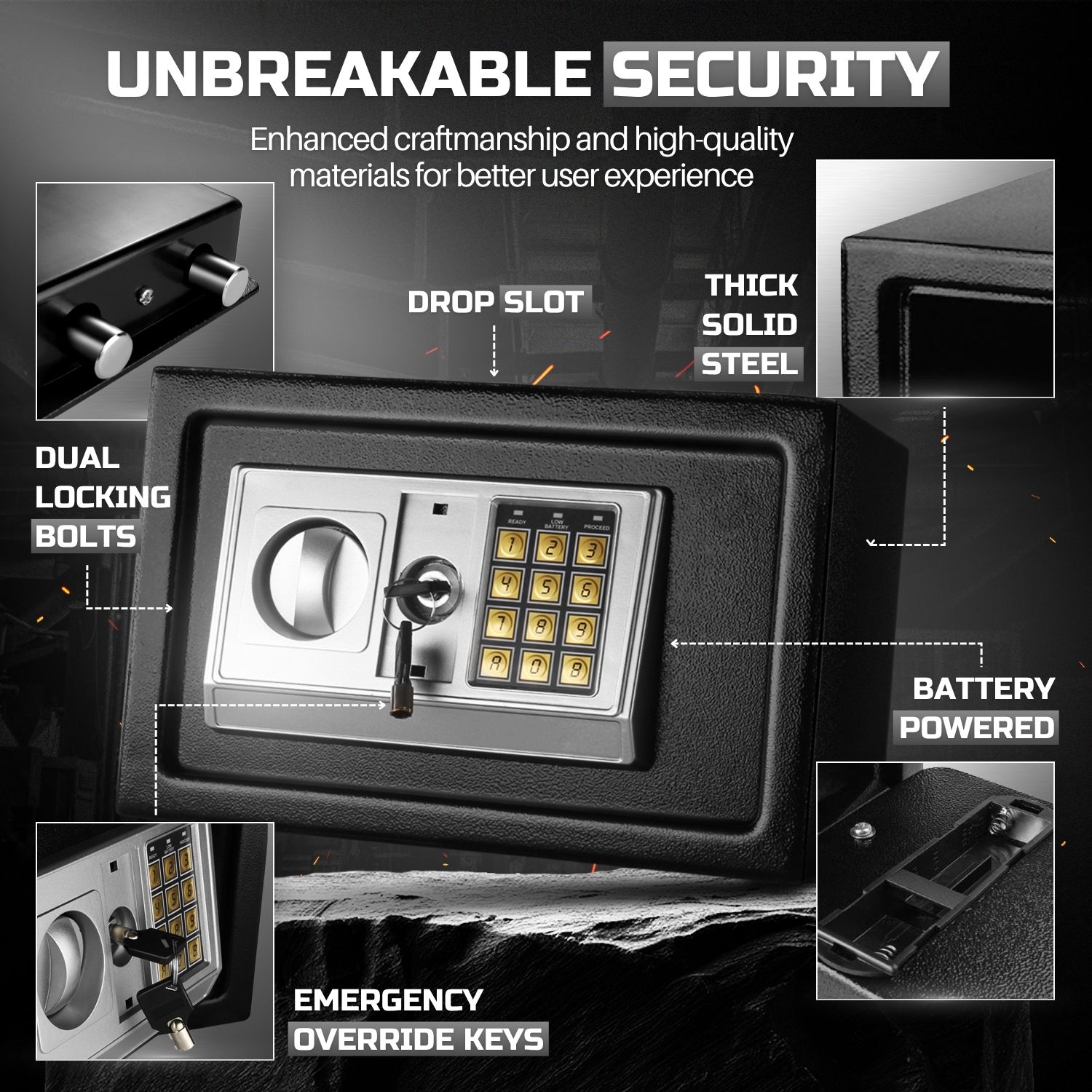 Reprogrammable Digital Access: Safe with code features a customizable 8-digit digital code for easy, keyless entry and enhanced security with a lockout mechanism after multiple incorrect PIN entries. Designed as a safe with drop slot, its perfect for securely storing cash, documents, and valuables