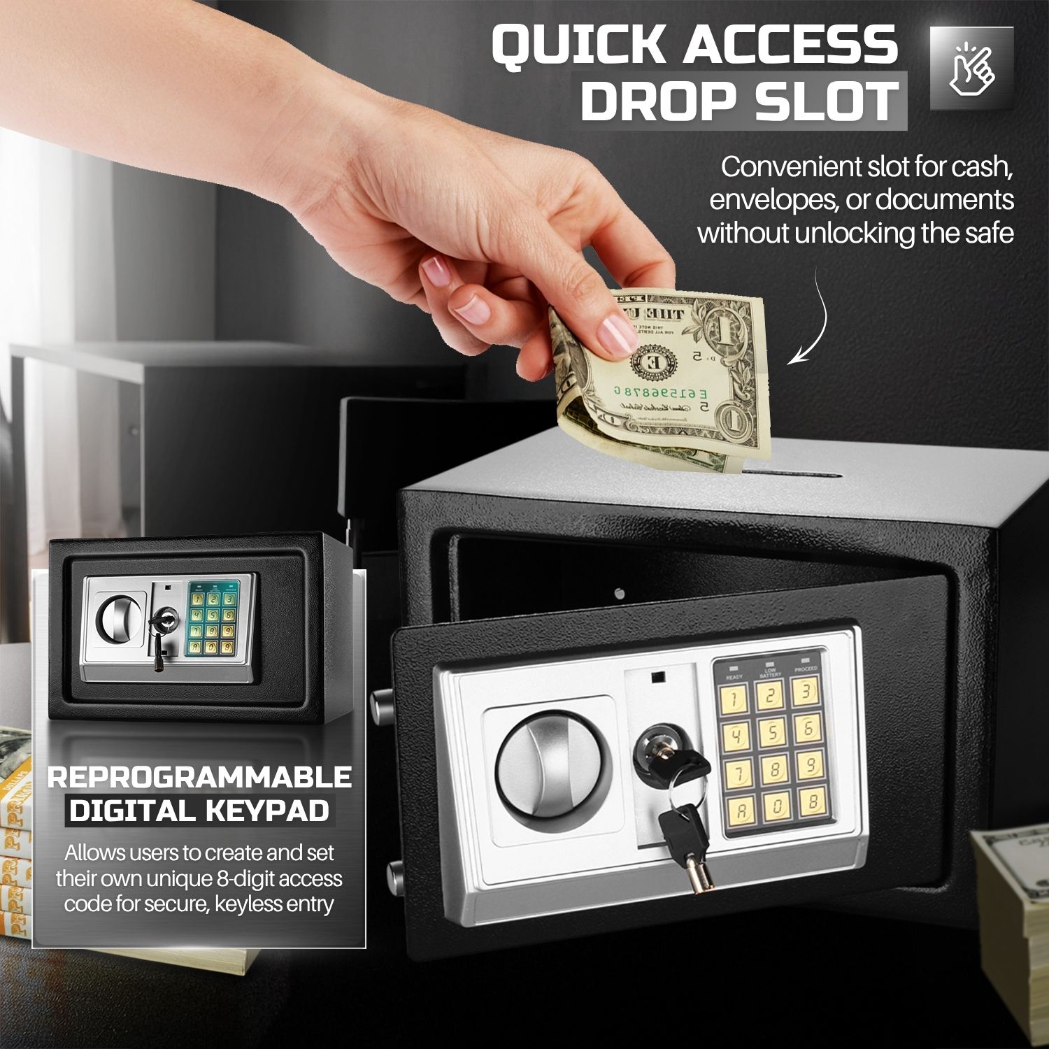 Tamper-Proof Design: Built with solid steel, this safety deposit box for home features live-door bolts and concealed hinges to resist tampering, ensuring the safety of your valuables and serving as a reliable safe for money