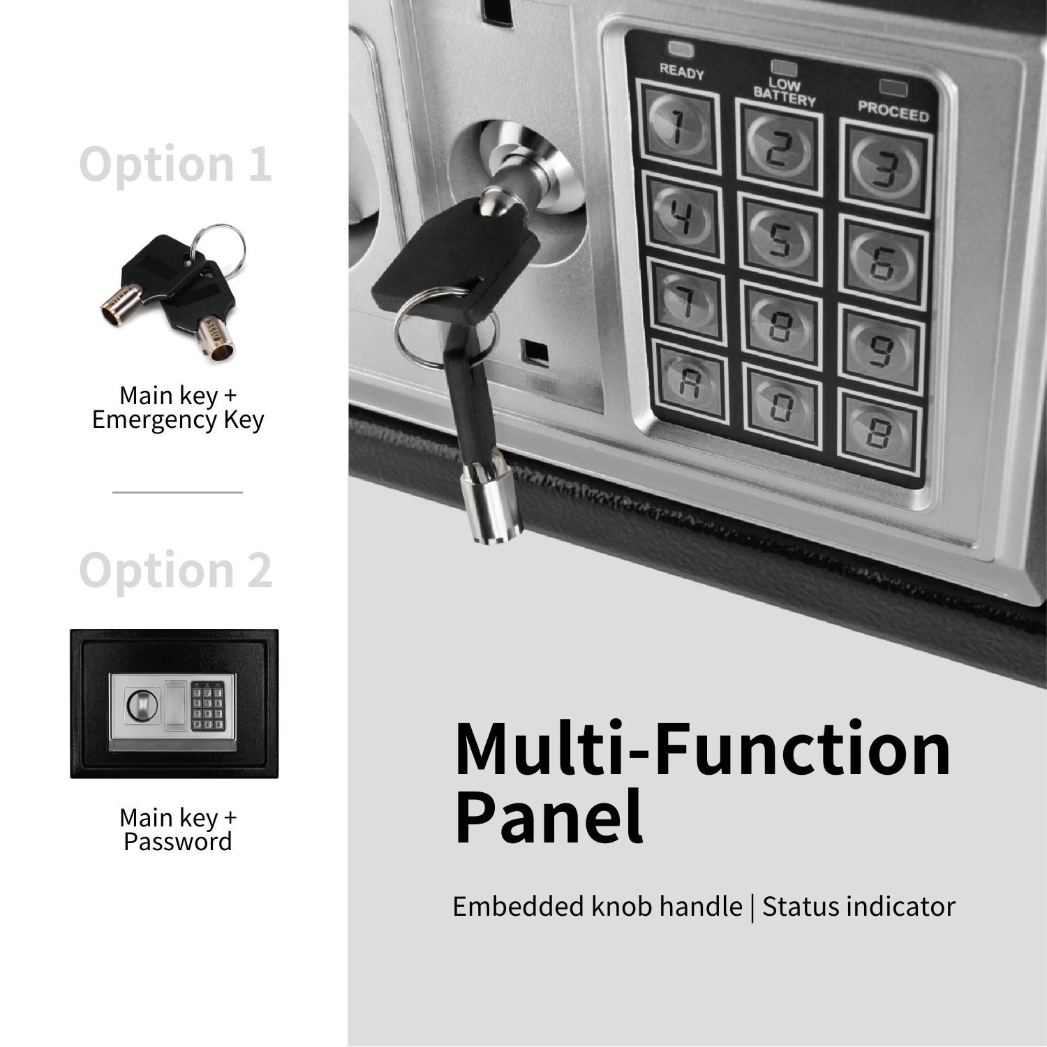 Secure and Durable Design: Small combination safe keypad offers a reliable electronic lock that can be easily programmed, ensuring enhanced security. It includes a keypad safe digital PIN entry with a Safety Key override for emergency access, making it a perfect small money safe for storing valuables at home, in the office, or at a hotel