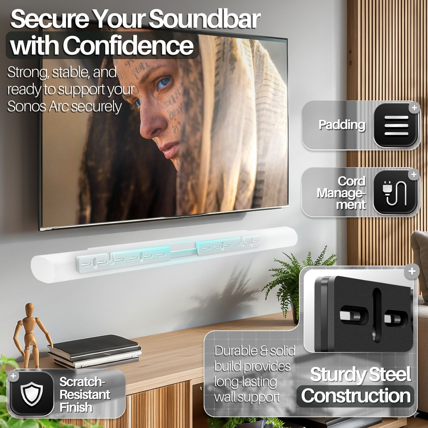 Hidden Floating Style: Mount remains concealed behind the soundbar for a clean, minimalist appearance; creates a modern floating effect under your TV