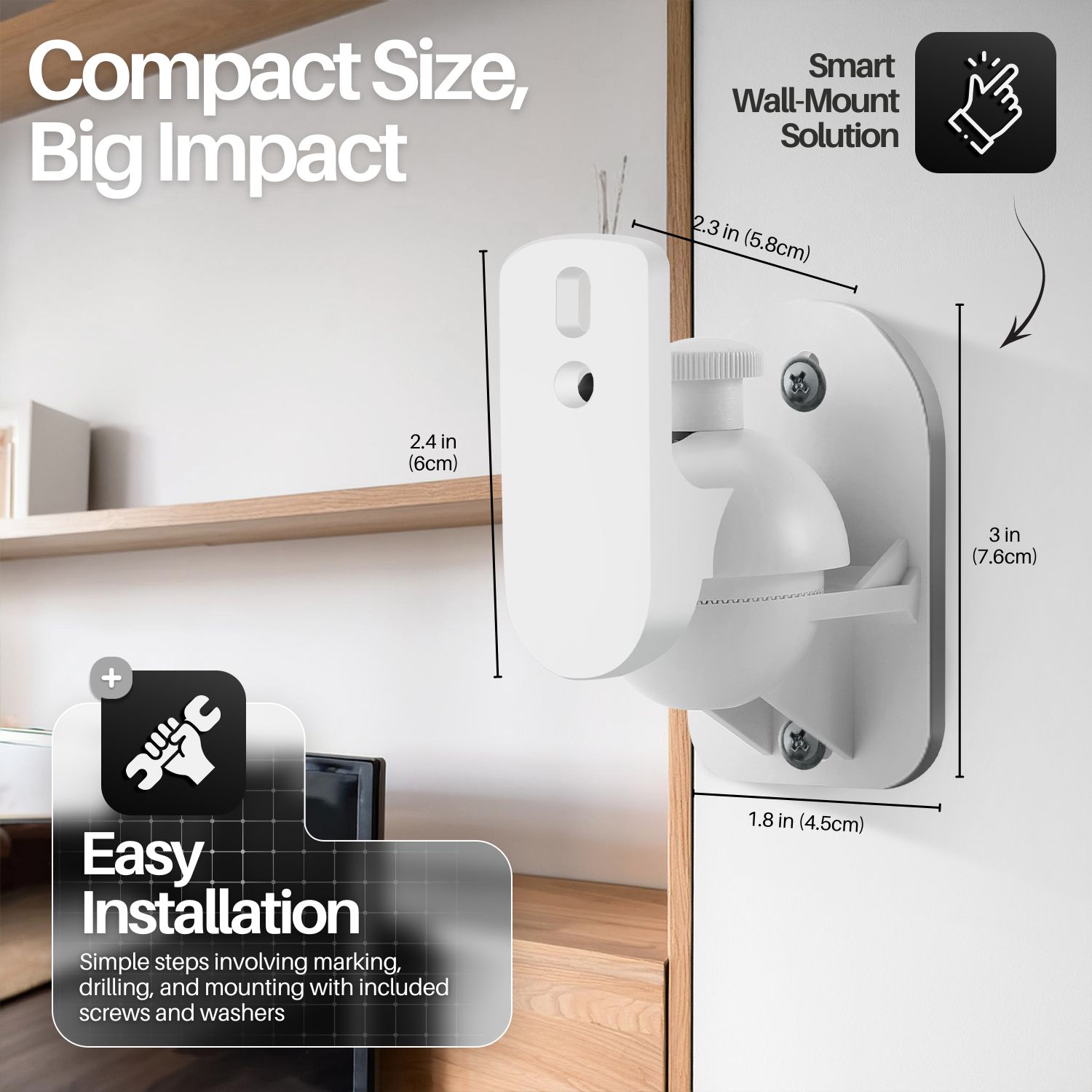 Surround sound speaker wall mount with adjustable swivel and tilt for the perfect sounding angle; With 90 degrees left to right and 20 degrees up and down to achieve an optimum directional speaker aiming