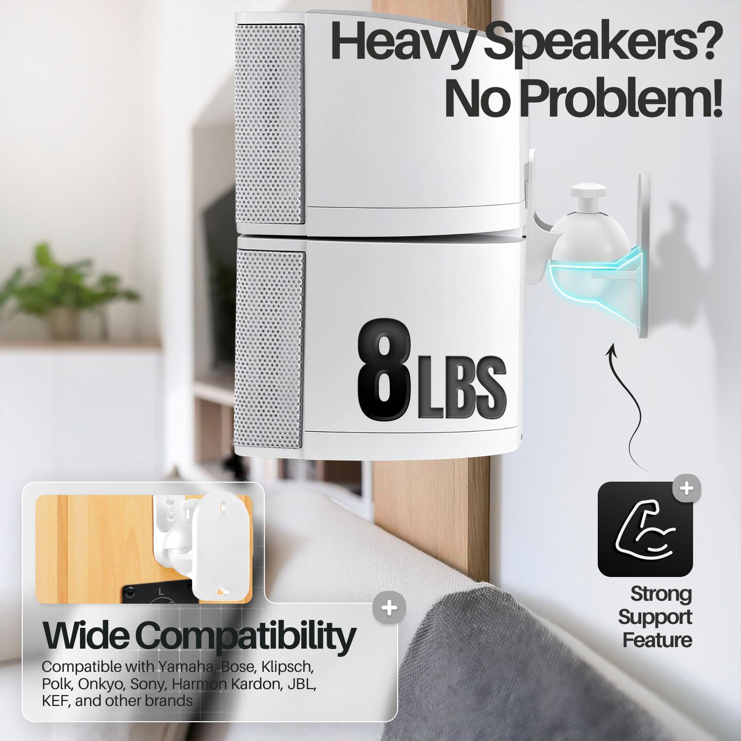 Full installation kit included, easily mount your satellite speakers on your wall with this speaker wall mount set. One pair to mount 2 speakers with single-threaded insert fittings