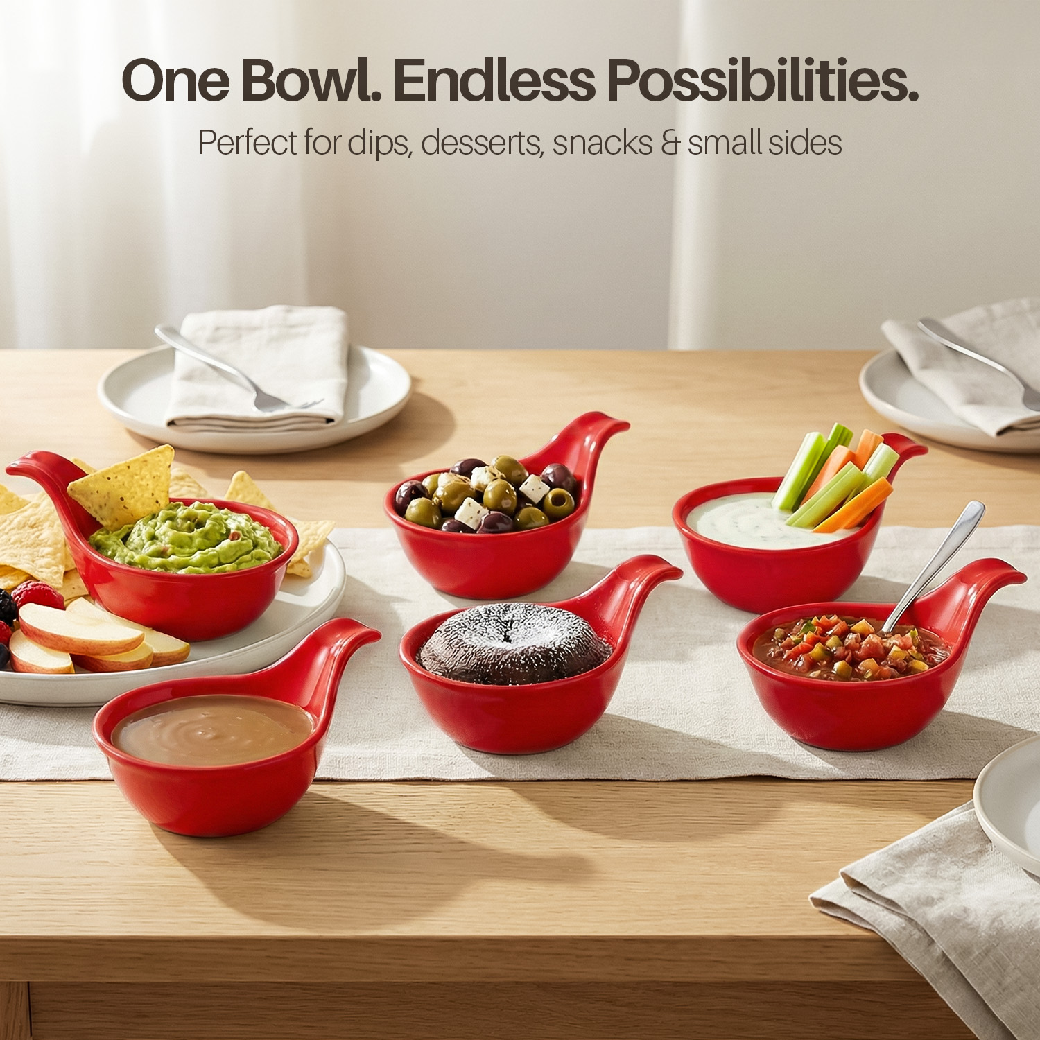 Ceramic Dipping Bowls, Small Bowls for Dipping with Handle, Condiment Cups Soy Sauce Dish, Porcelain Ramekins,  Sauce Holders, Containers for Small Side Dishes Dips - 3 oz, Set of 6, Red
