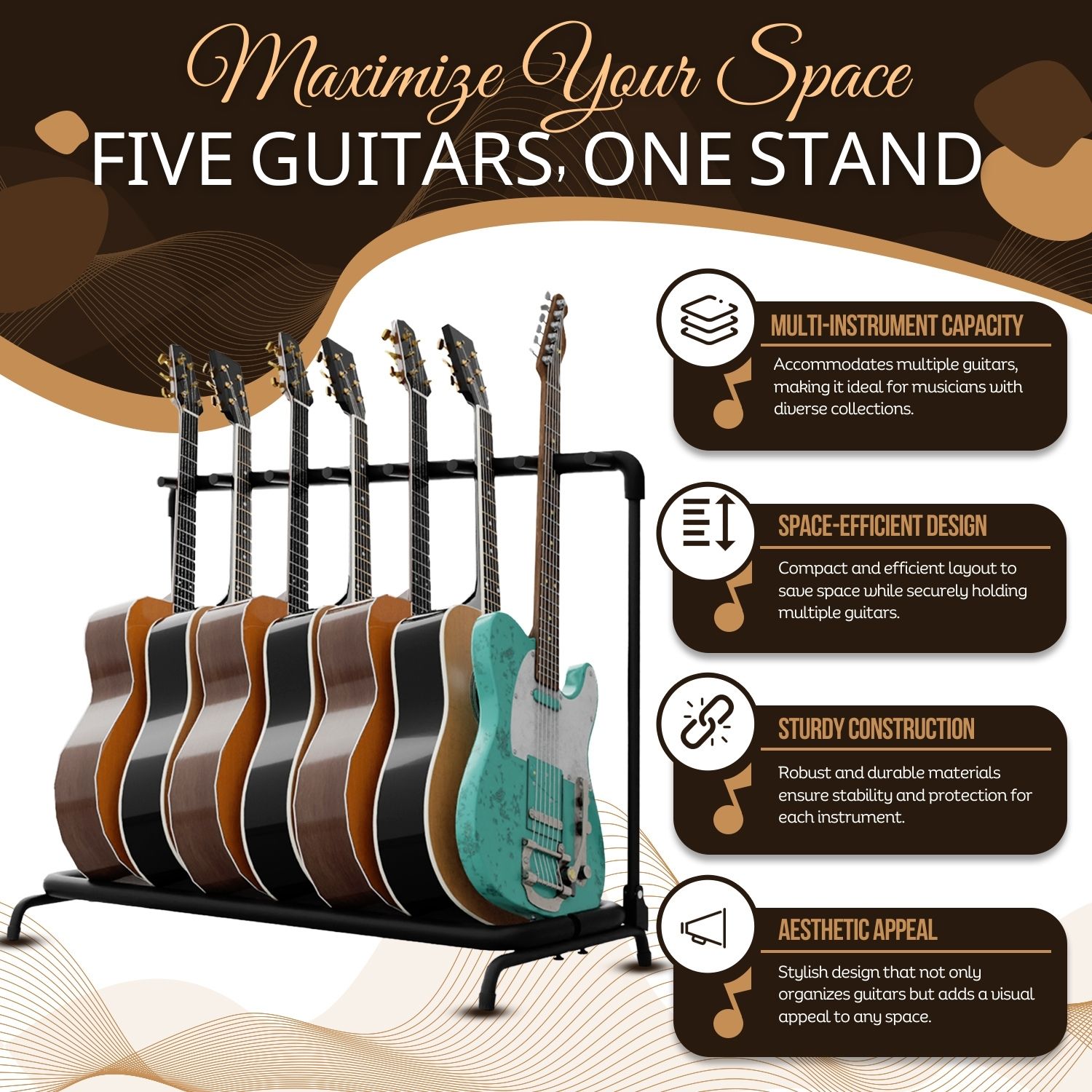 Store Multiple Instruments - Premium quality metal construction provides reliable and strong support that can hold up to 7 guitars; Compatible to store your electric, acoustic and classical guitars as well as your basses, best for any string musician