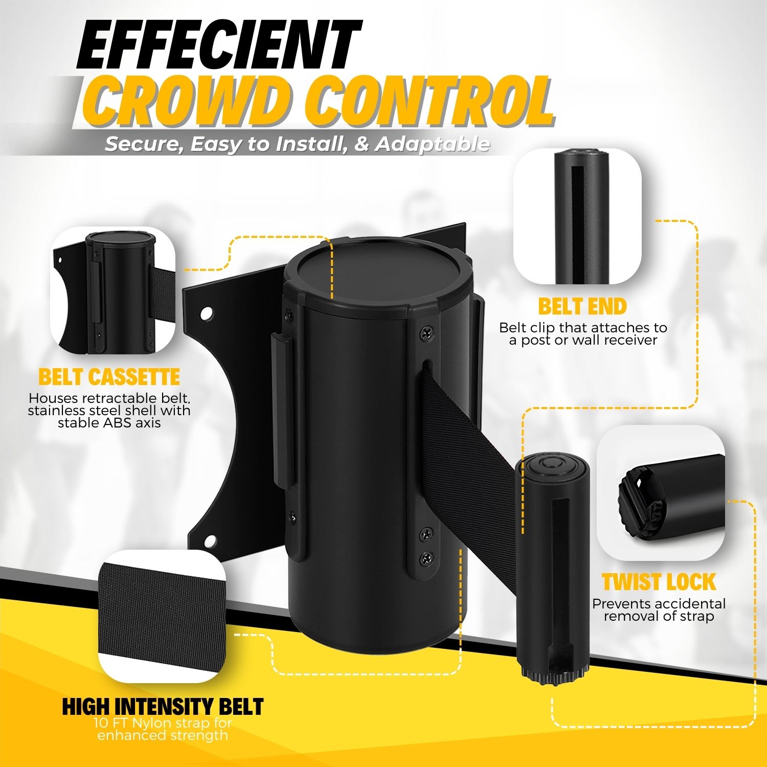 Effective Queue Management: Our retractable barrier belt assists in directing crowds in various settings, from theaters and banks to event halls, ensuring a seamless experience for guests.